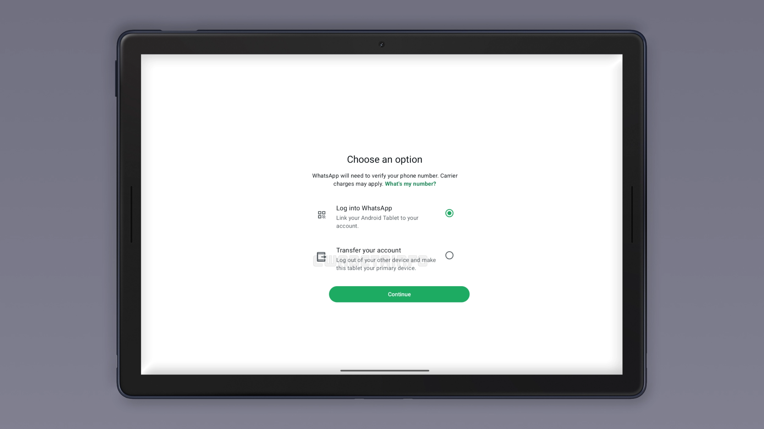The image shows the new setup screen on WhatsApp for Android tablets with the option to transfer the account