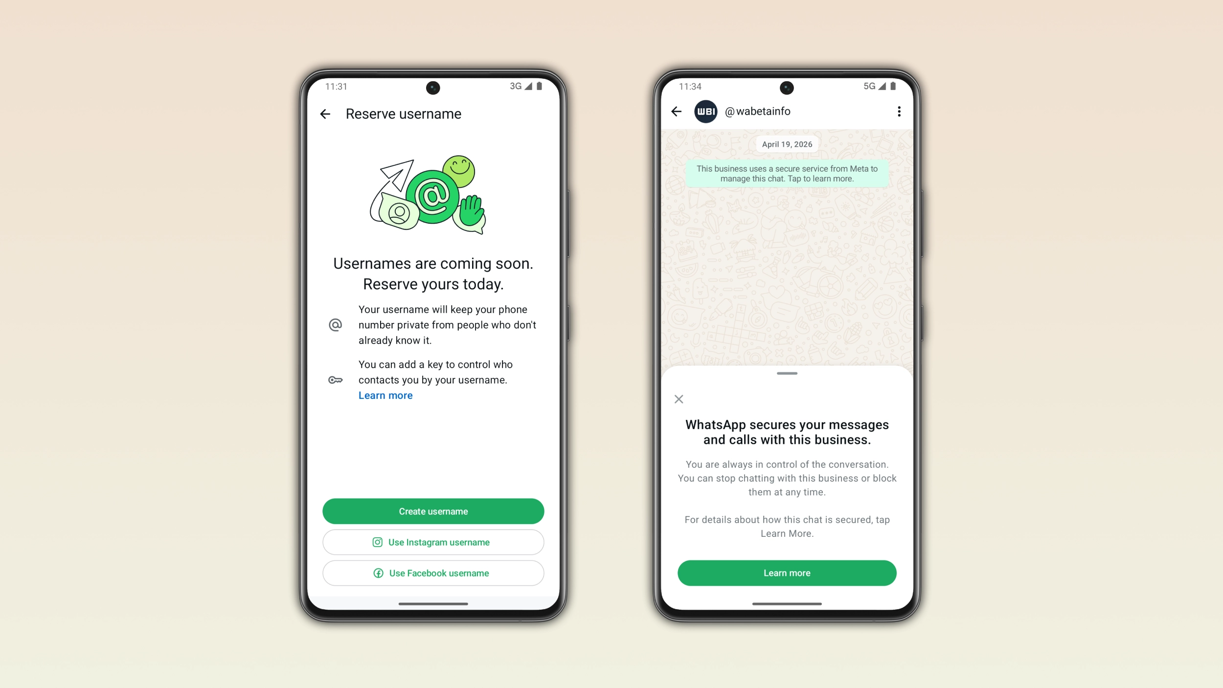 The image shows the username reservation screen, along with a conversation with a business provider on WhatsApp.