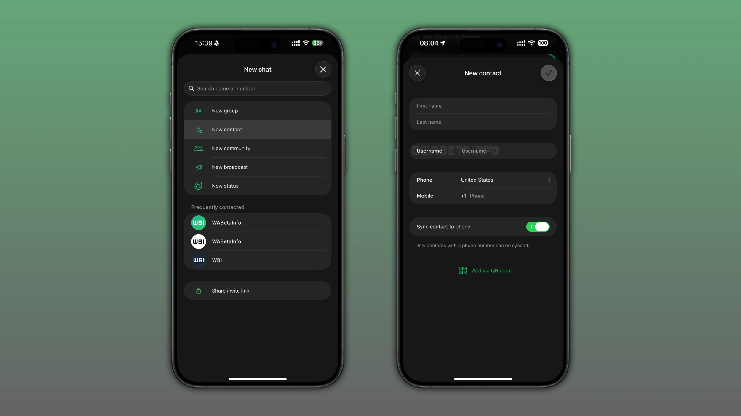 The image shows the username field in the new contact screen on WhatsApp beta for iOS