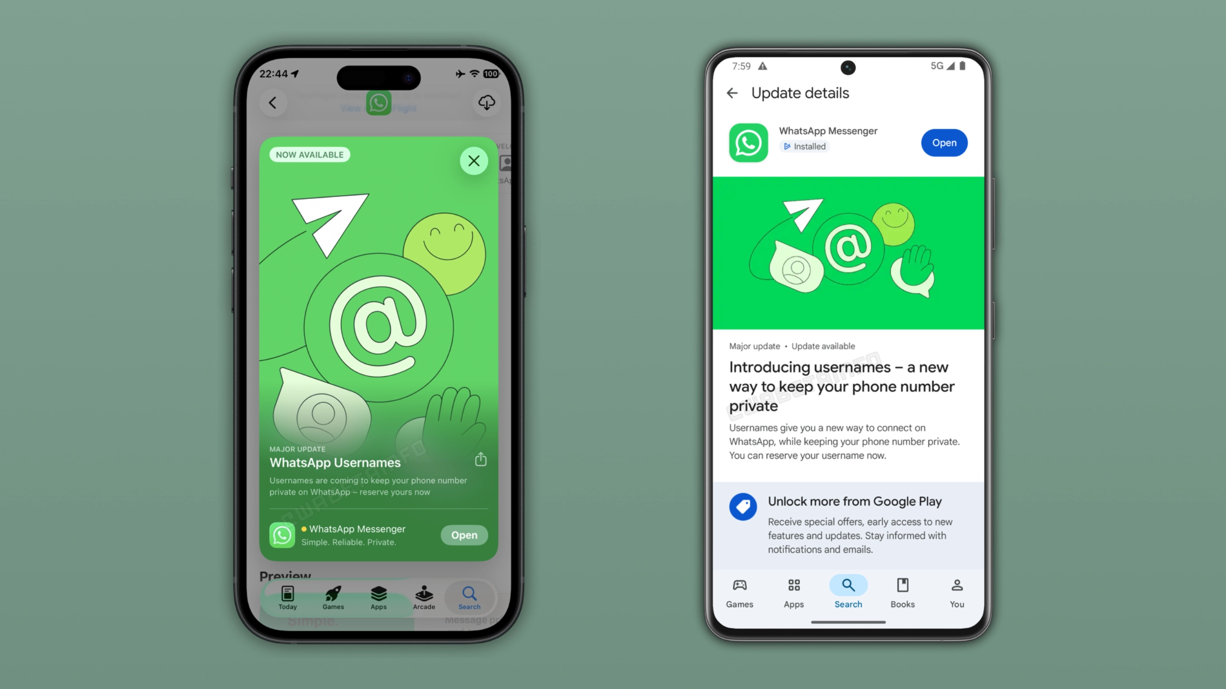 The image shows the promotional banner for WhatsApp's username update on the App Store and Google Play