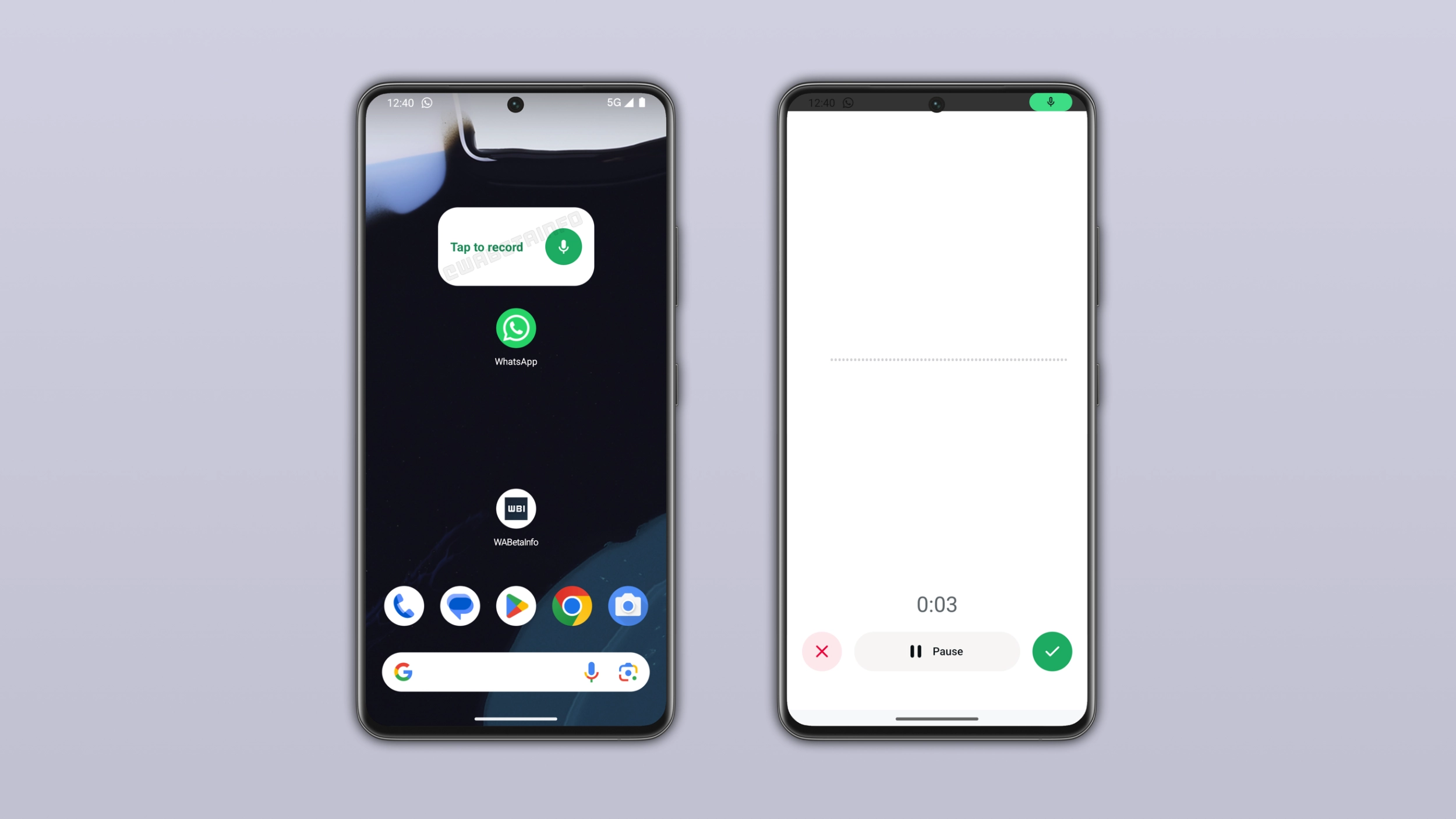 The image shows the recording screen that opens when users tap the voice message widget on WhatsApp for Android