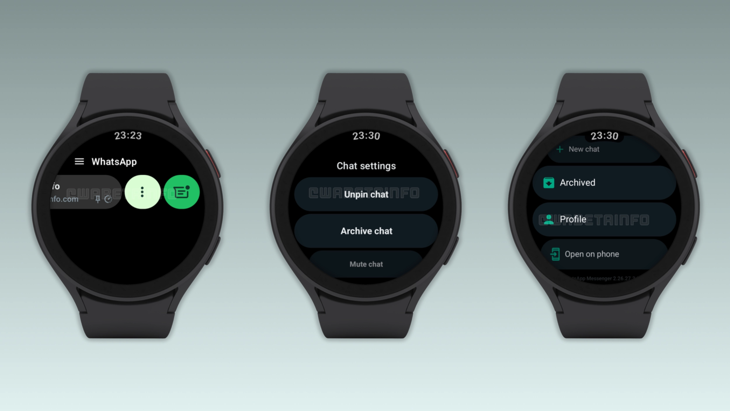 The image shows new chat management features on WhatsApp for Wear OS