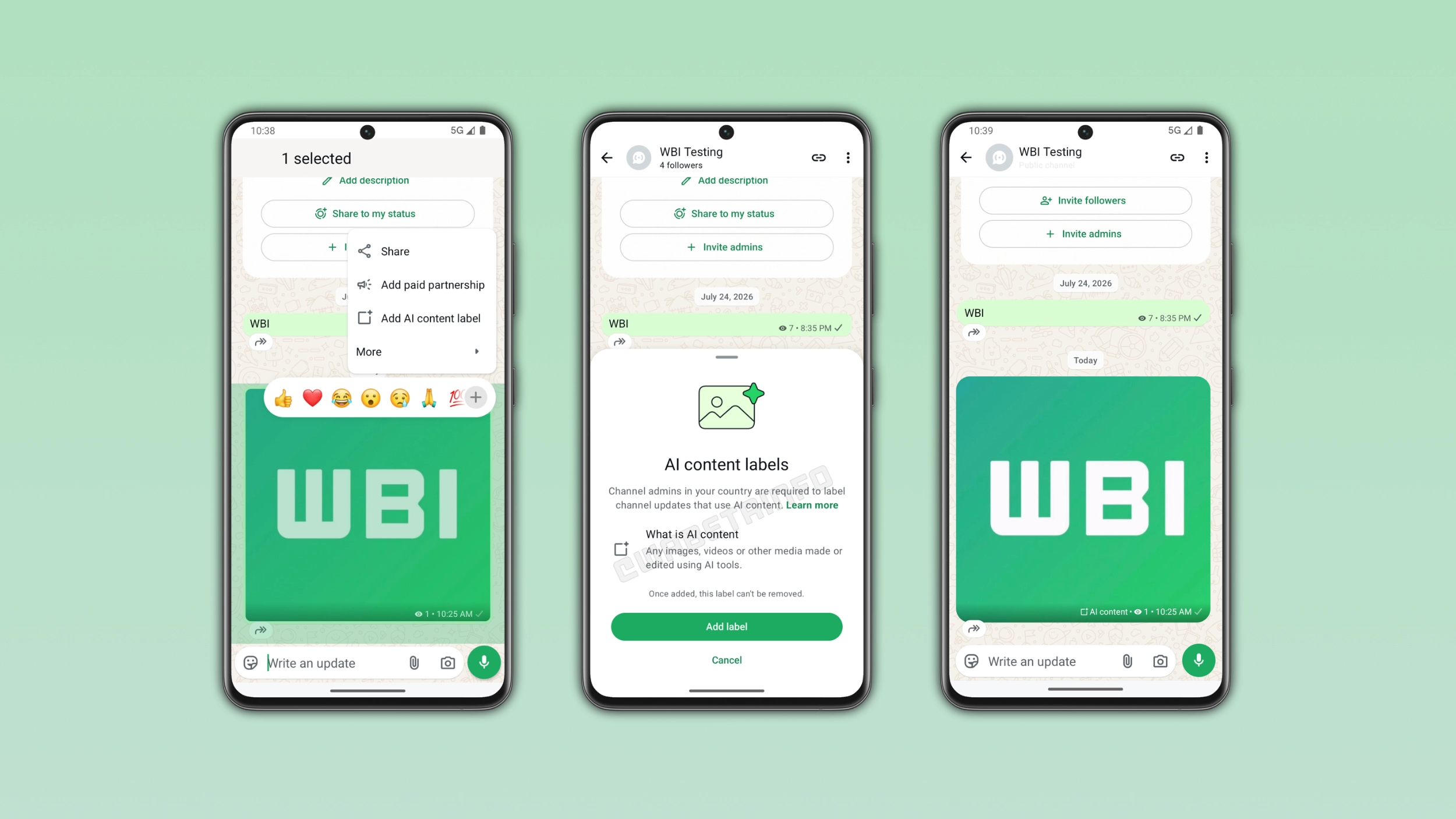 The image shows the AI content label feature for channel updates on WhatsApp for Android