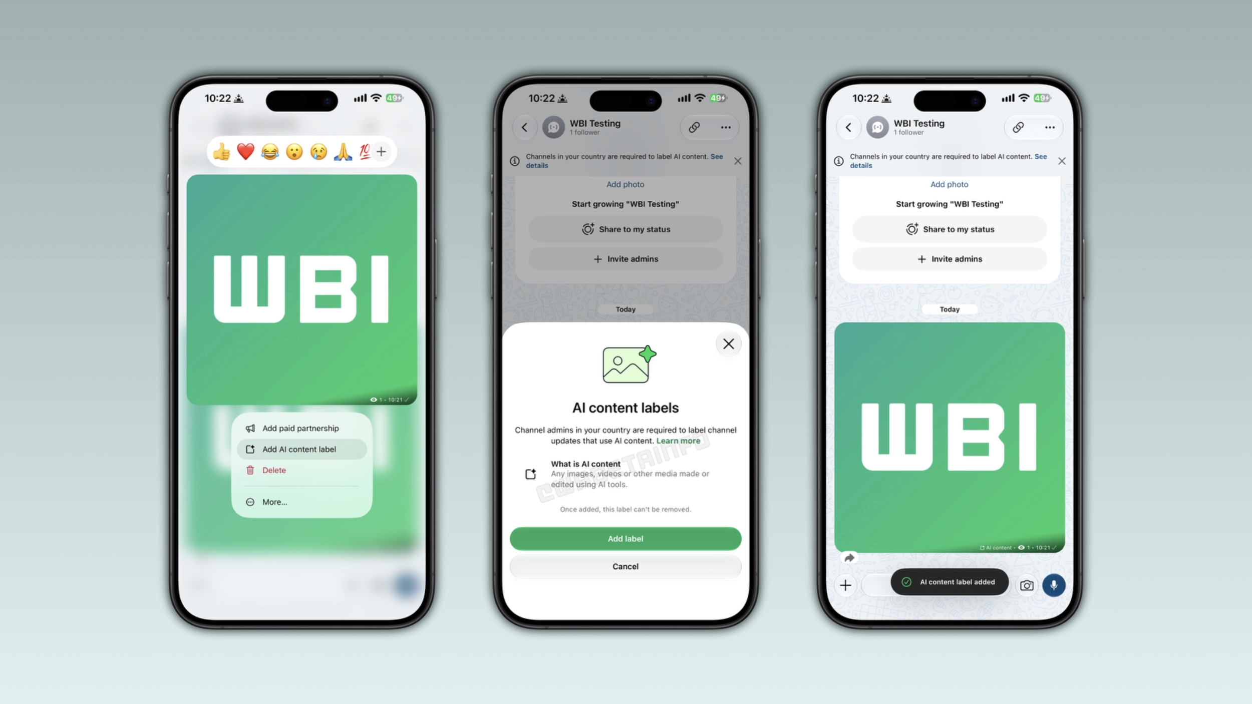 The image shows the AI content label feature for channel updates on WhatsApp for iOS