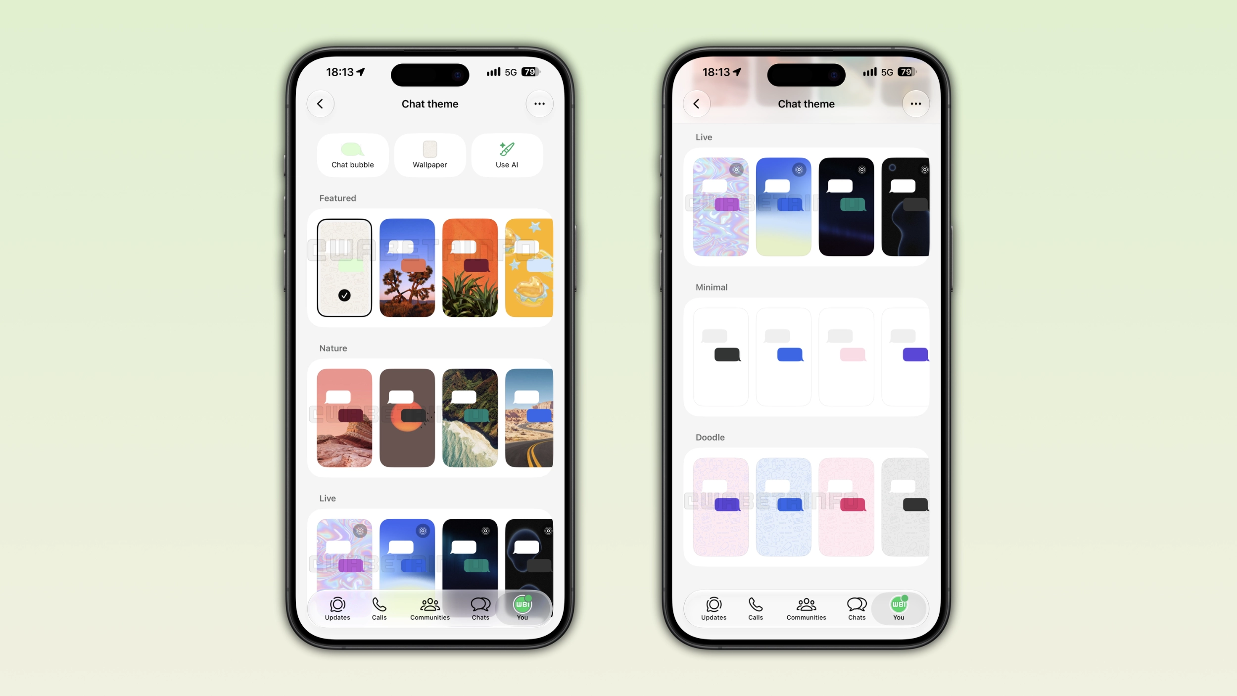 The image shows the five new chat theme categories on WhatsApp for iOS
