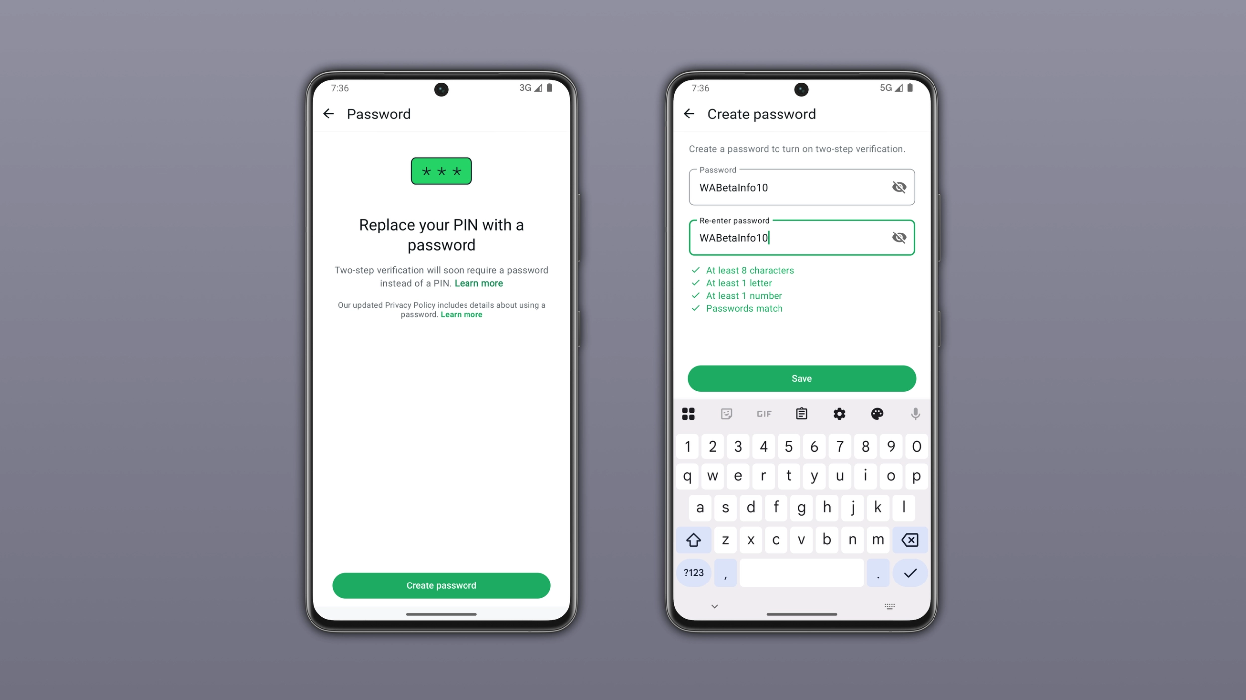The image shows the account password feature for two-step verification on WhatsApp for iOS