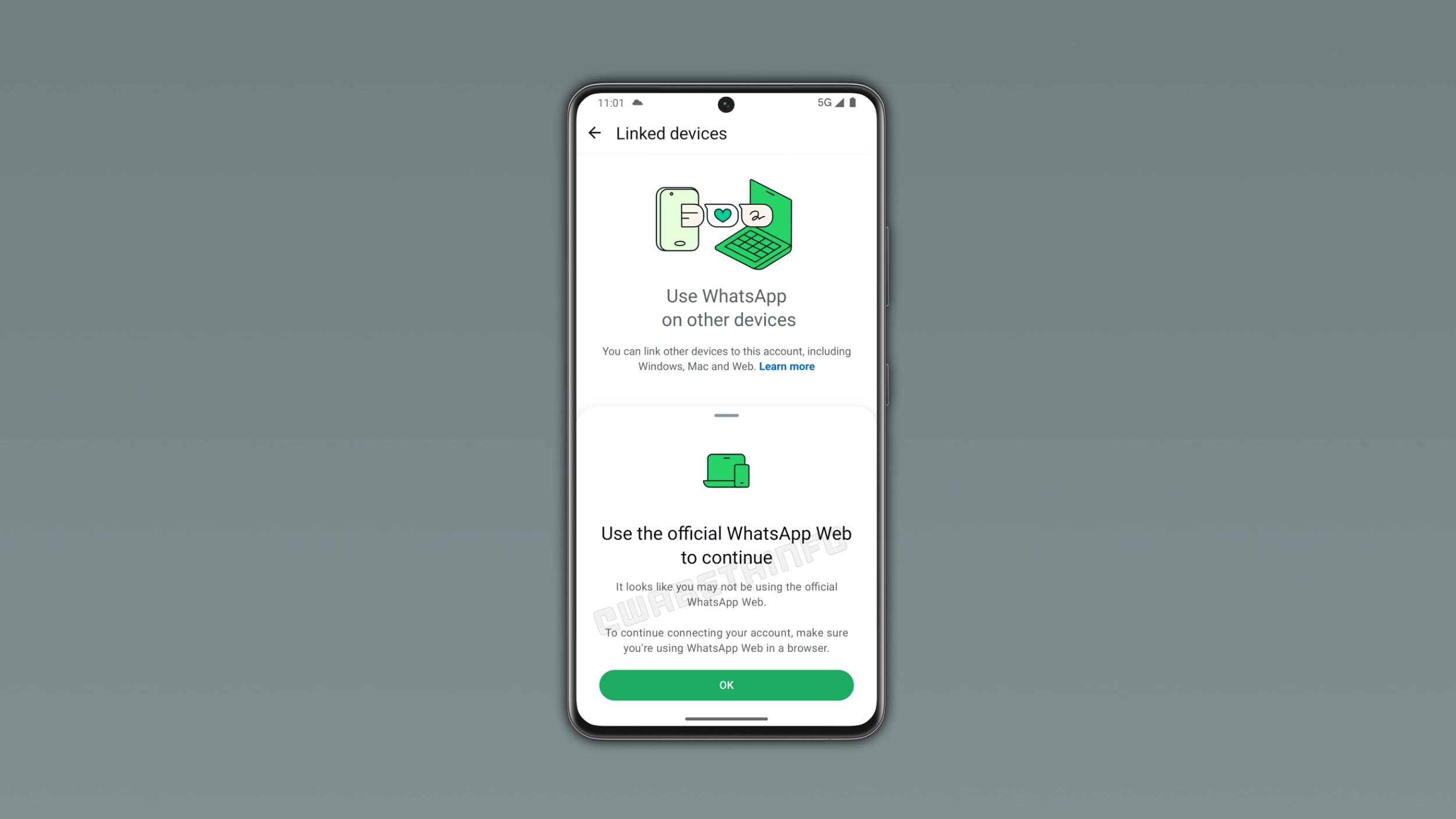 The image shows the warning for unofficial WhatsApp Web clients on WhatsApp for Android