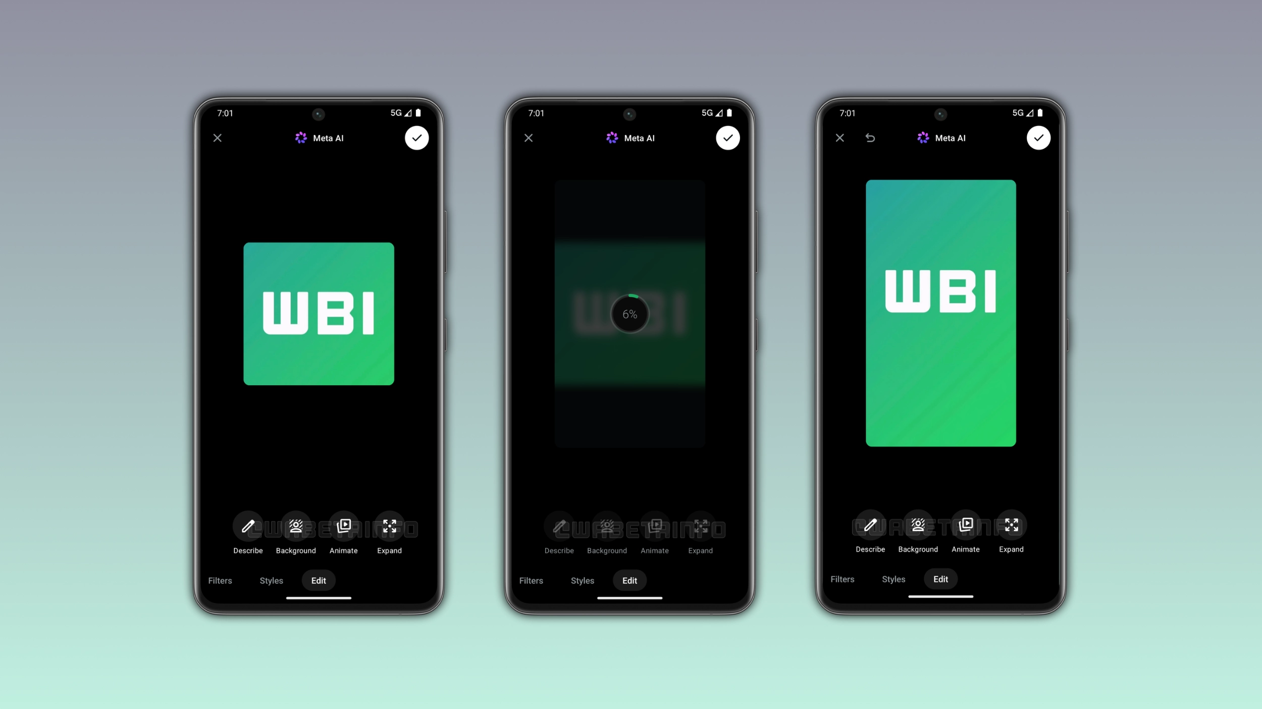 The image shows the AI-powered photo expansion feature on WhatsApp for Android
