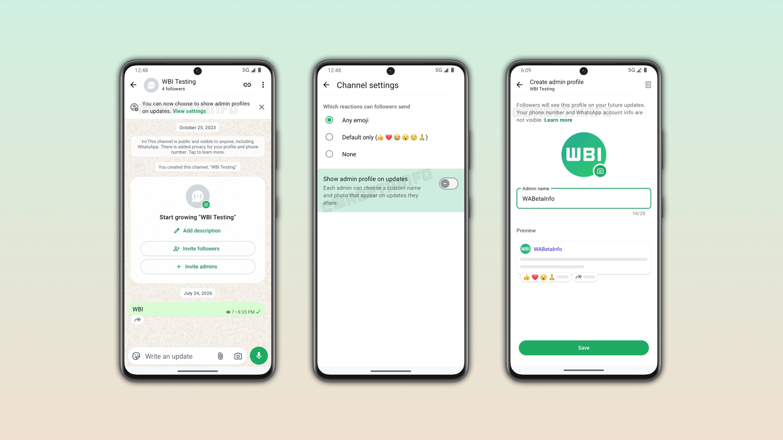 The image shows the admin profile feature for channel updates on WhatsApp for Android
