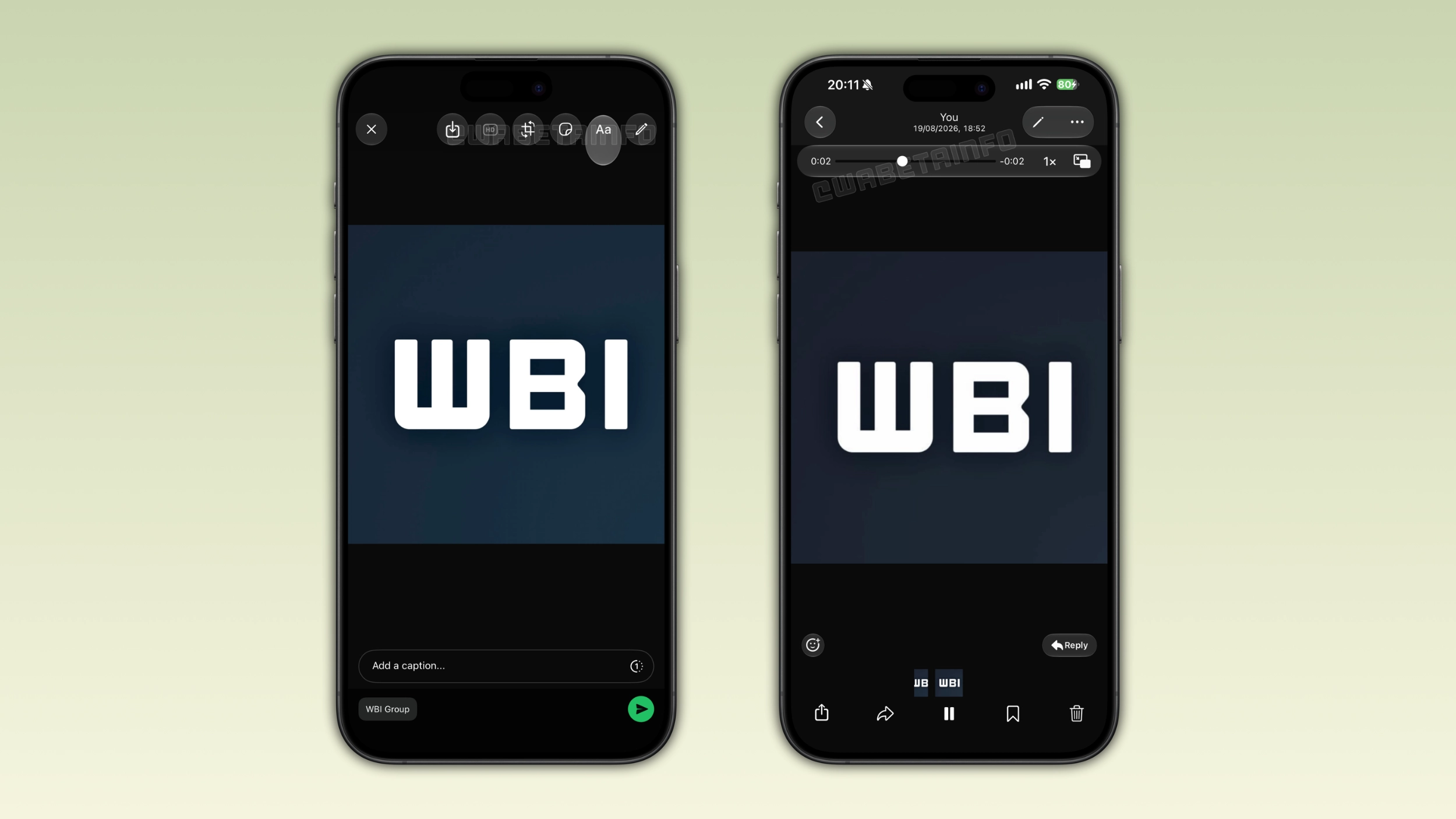 The image shows the new Liquid Glass updates for the drawing editor and video player on WhatsApp for iOS
