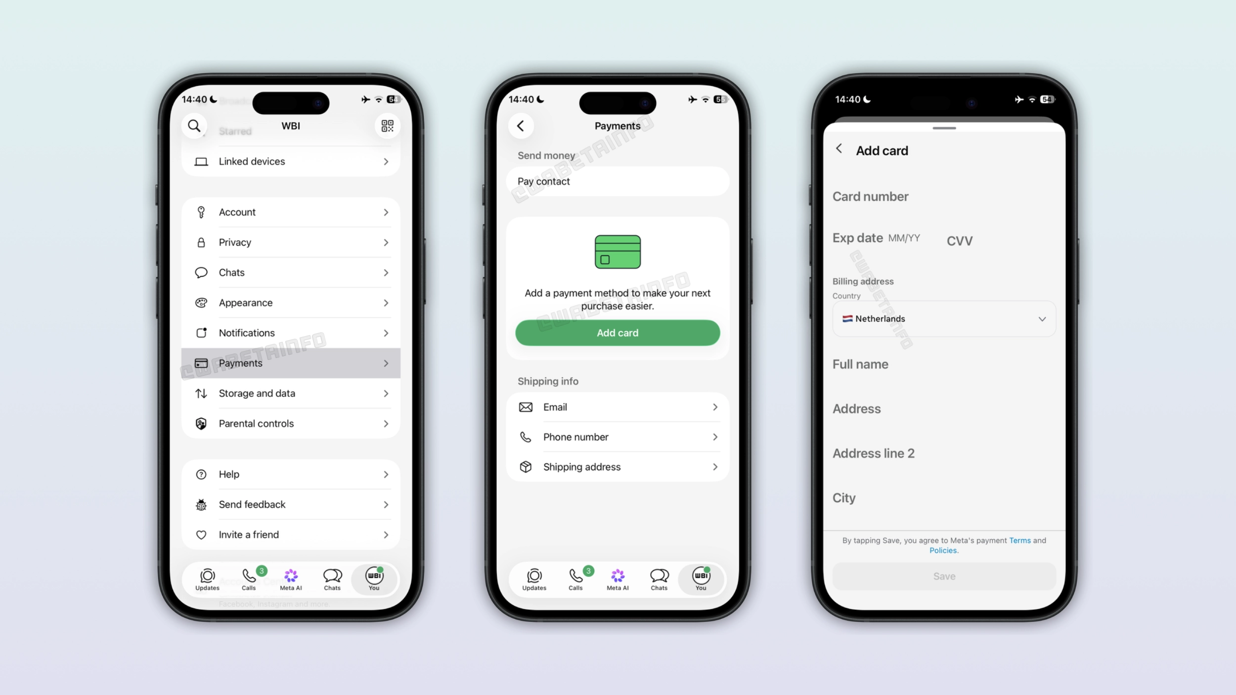 The image shows the new Payments section in WhatsApp settings on iOS