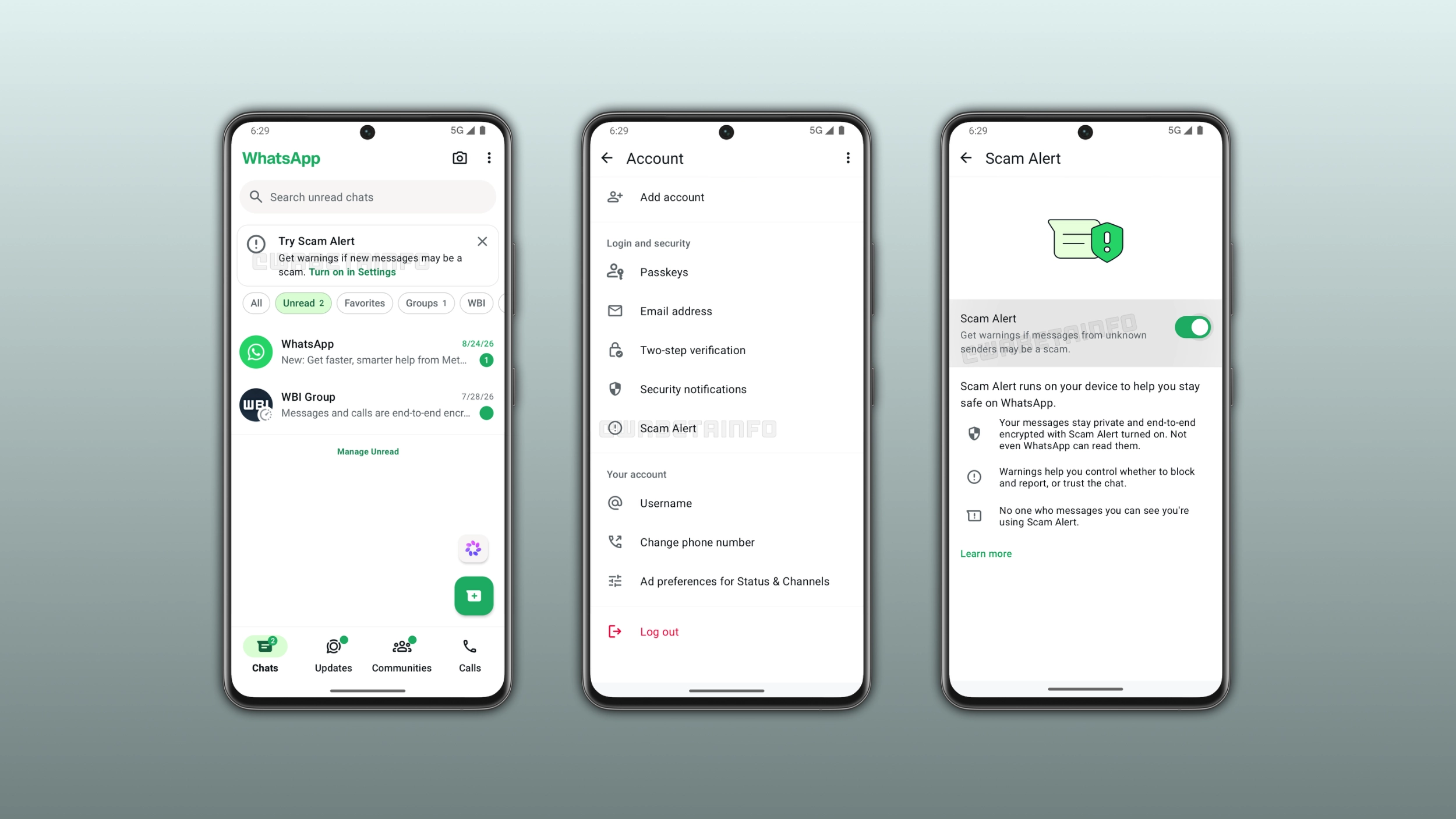 The image shows how to enable the Scam Alert feature on WhatsApp beta for Android