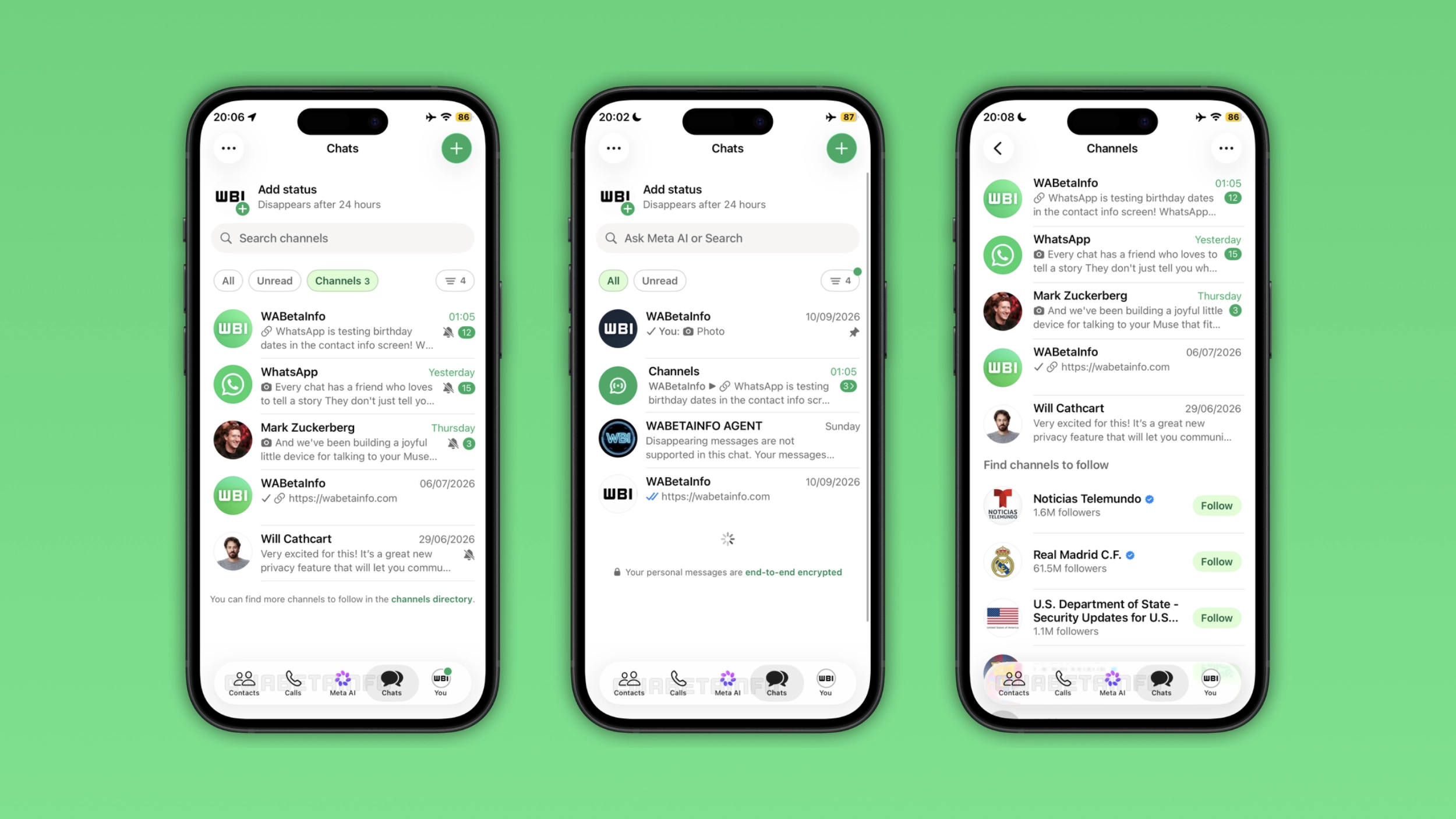 he image shows channels in the Chats tab on WhatsApp for iOS