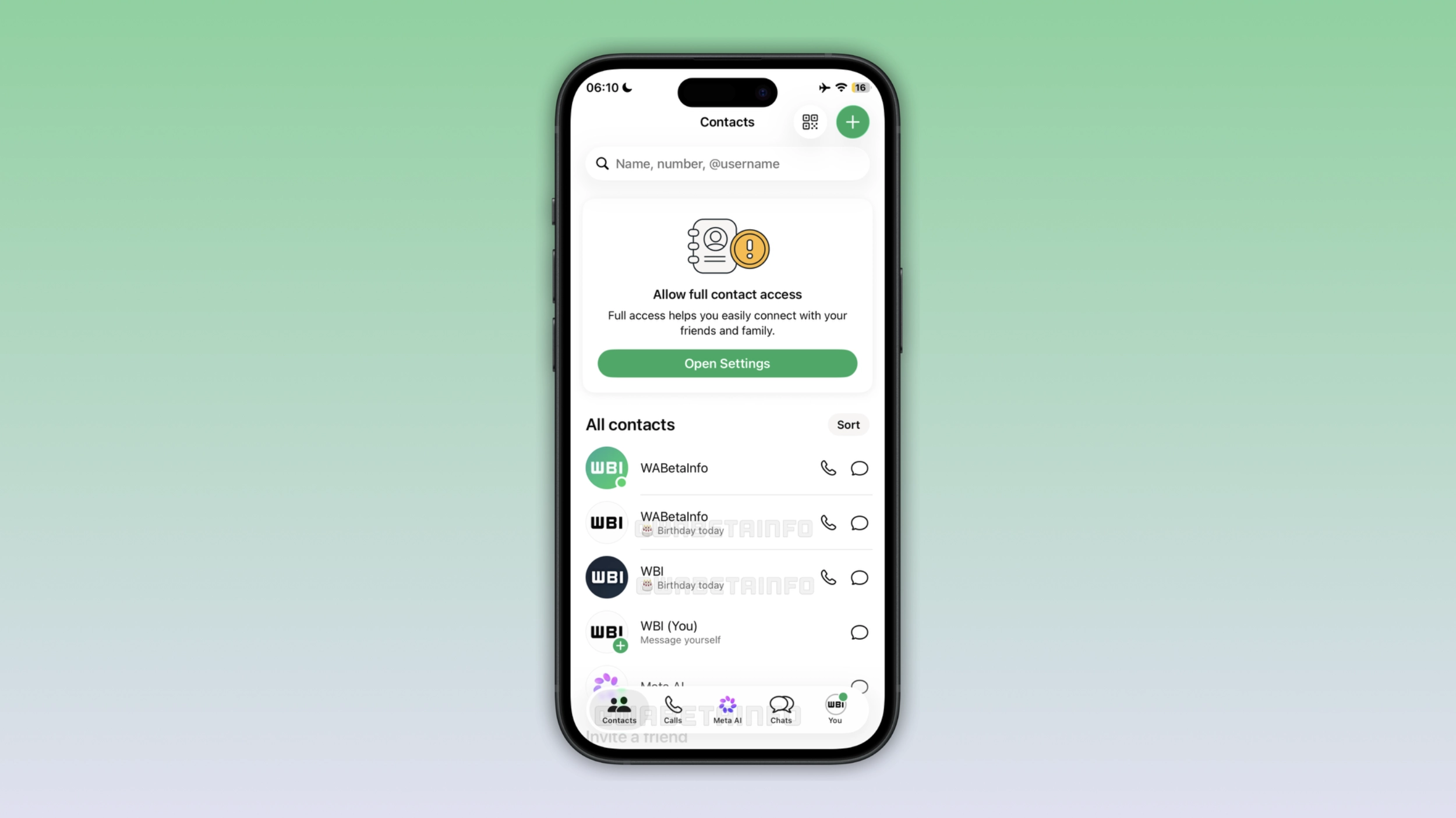 The image shows birthday reminders in the Contacts tab on WhatsApp for iOS