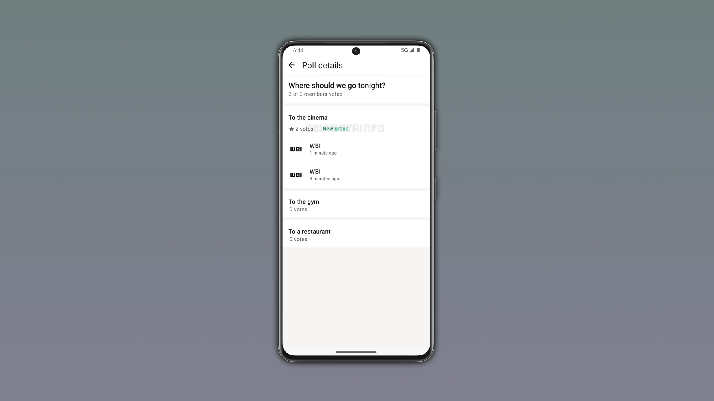 The image shows group creation from poll results on WhatsApp for Android