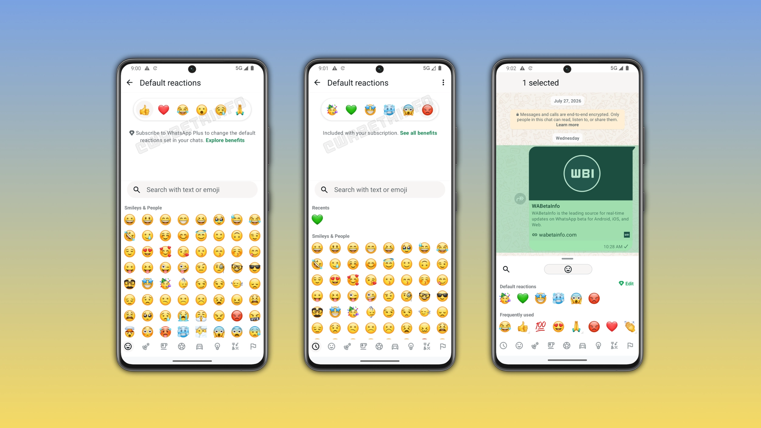 The image shows custom emoji reactions for WhatsApp Plus on Android