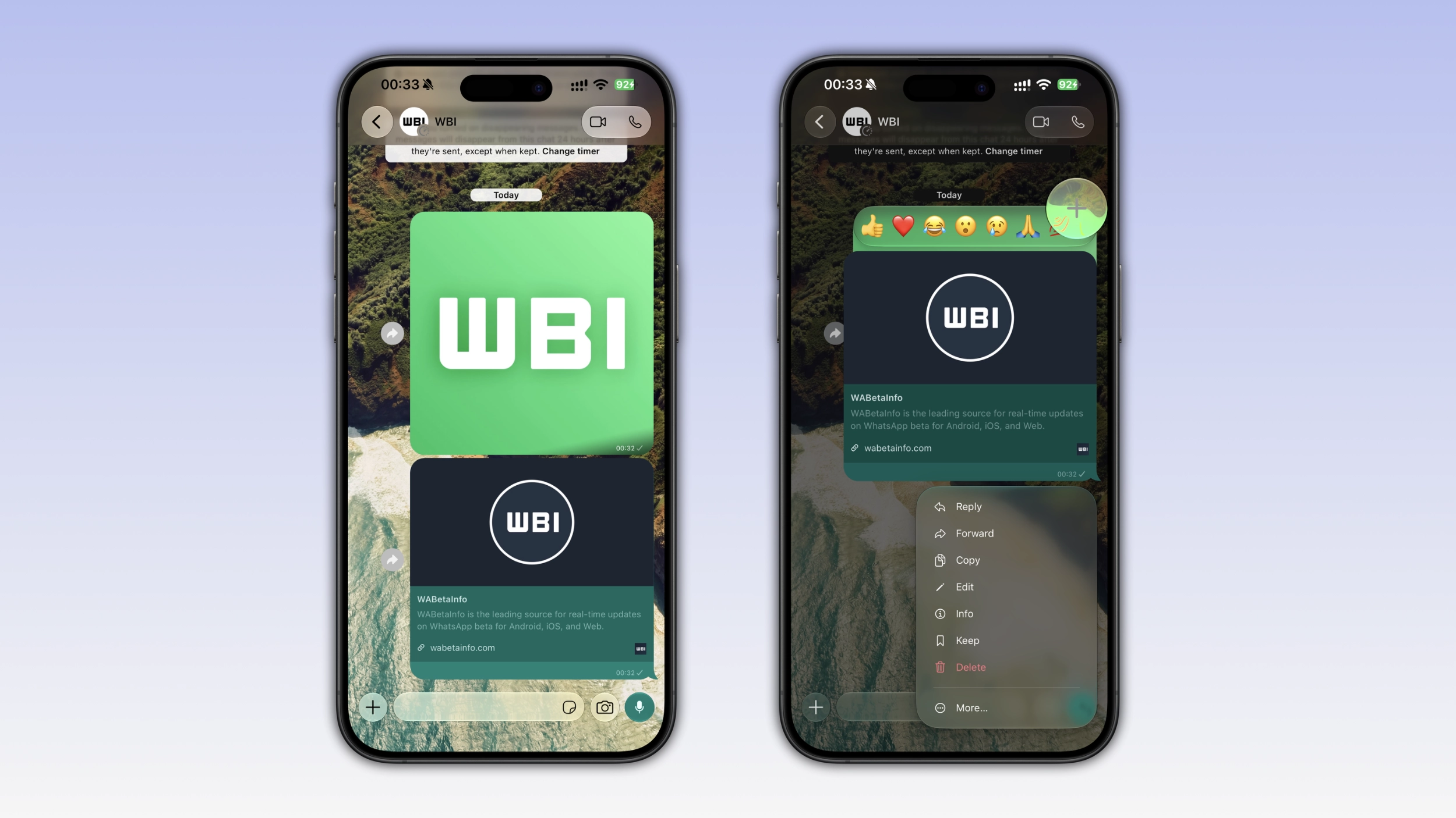 The image shows the full Liquid Glass experience available on WhatsApp for iOS