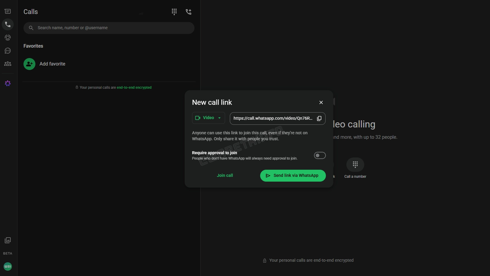 The image shows the guest calls feature for people without a WhatsApp account on WhatsApp Web