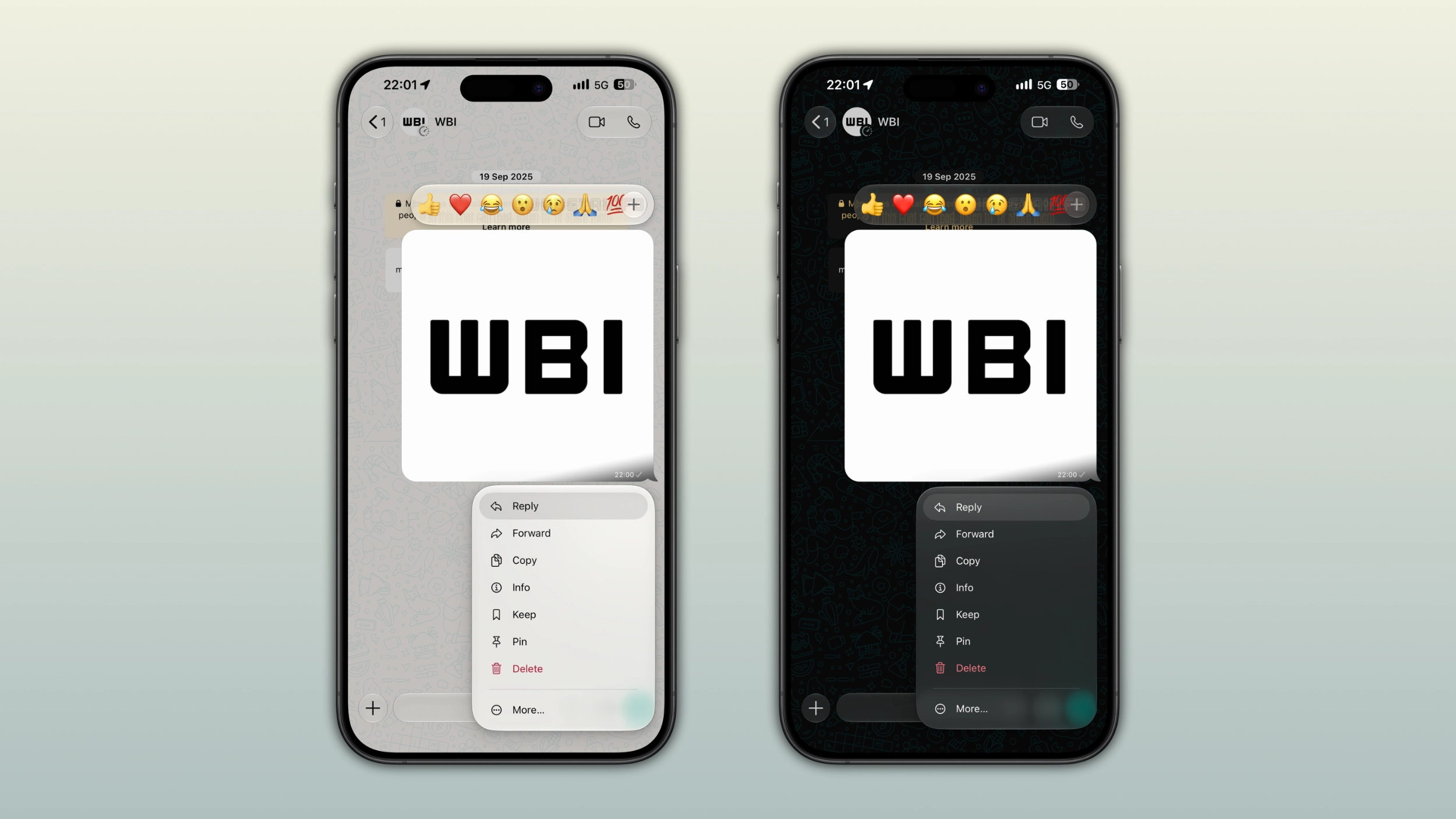 The image shows a new reaction tray compatible with Liquid Glass on WhatsApp for iOS