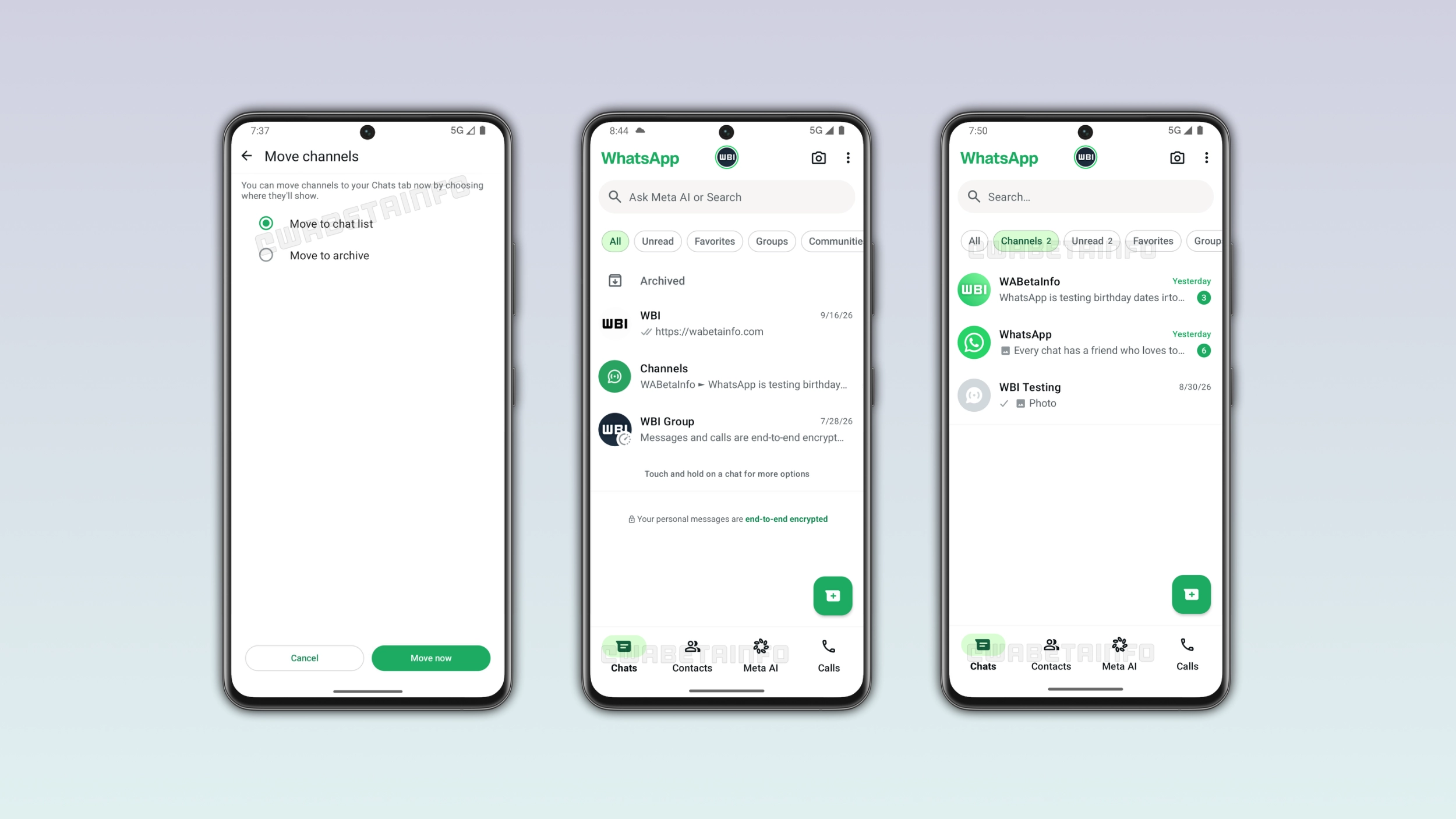 The image shows channels in the Chats tab on WhatsApp for Android