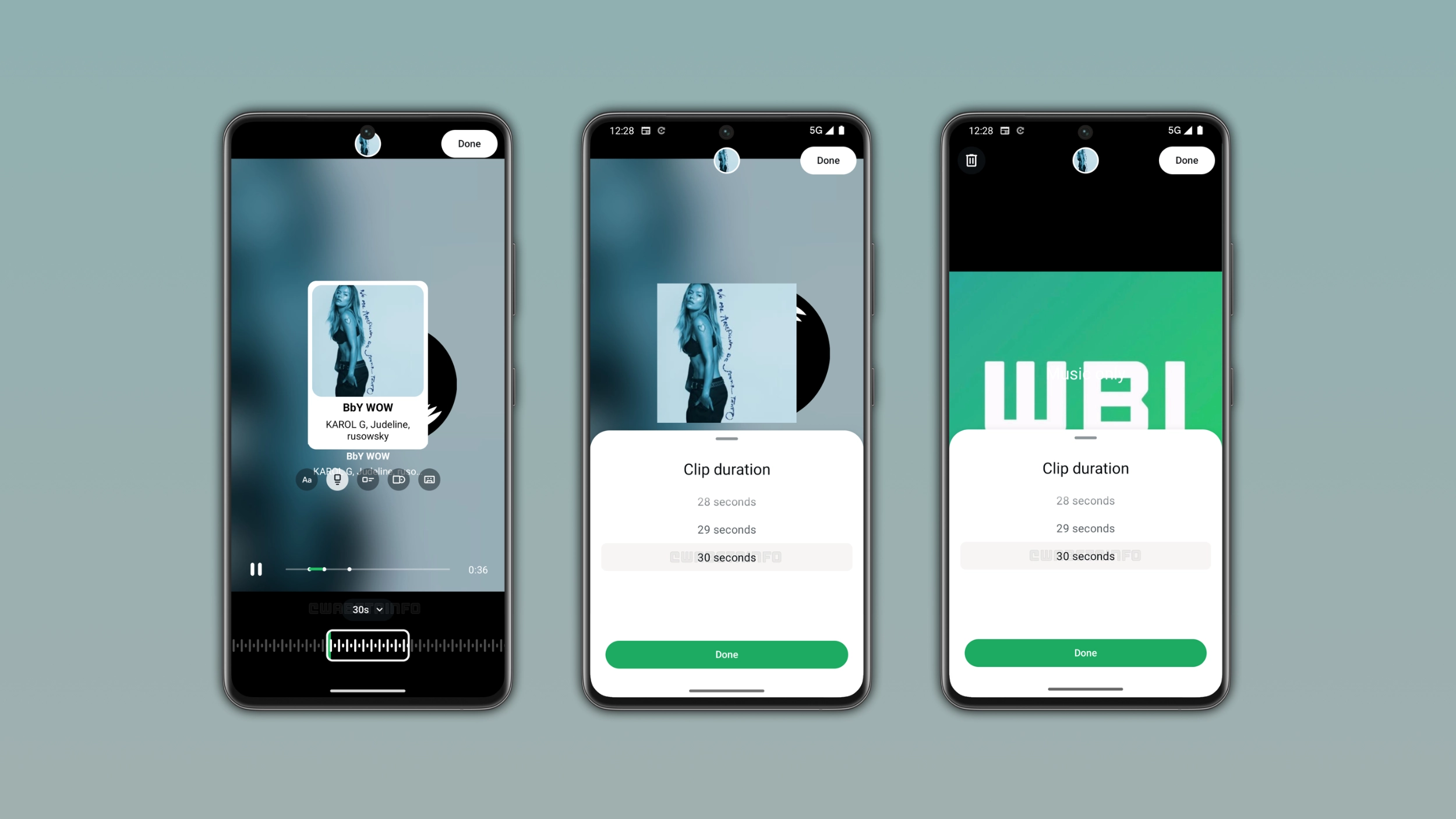 The image shows the music clip duration picker for status updates on WhatsApp for Android