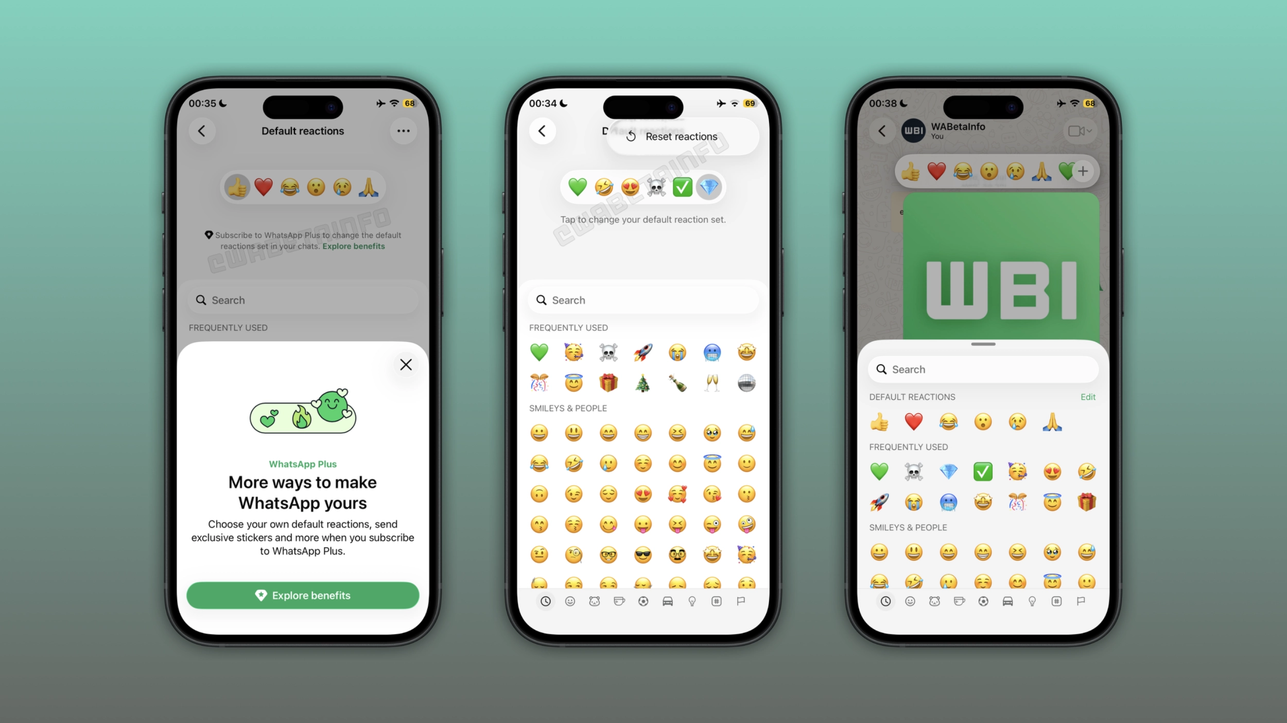 The image shows custom emoji reactions for WhatsApp Plus on iOS