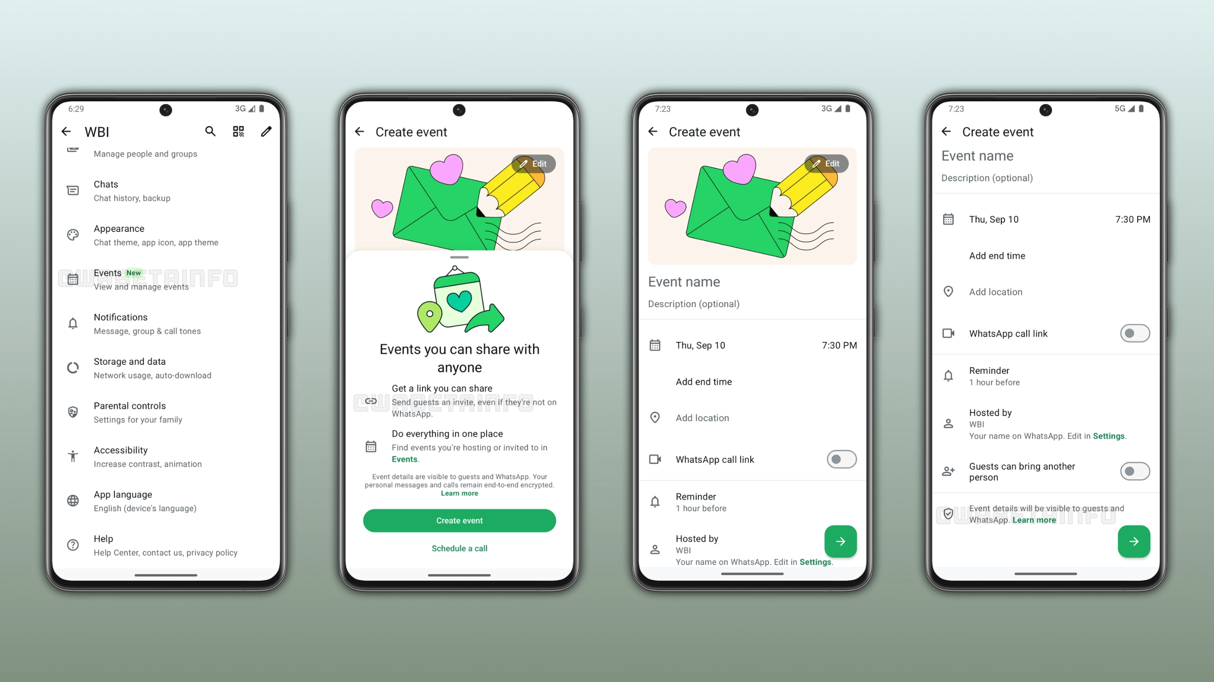The image shows the new Events hub in the WhatsApp settings on Android