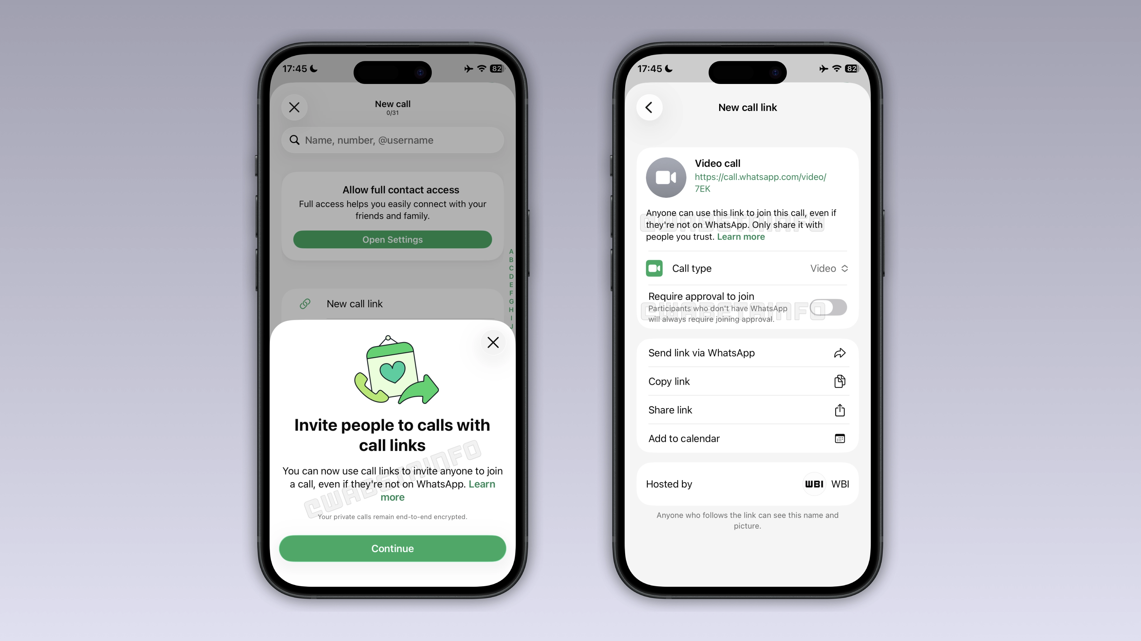 The image shows the guest calls feature for people without a WhatsApp account on WhatsApp for iOS
