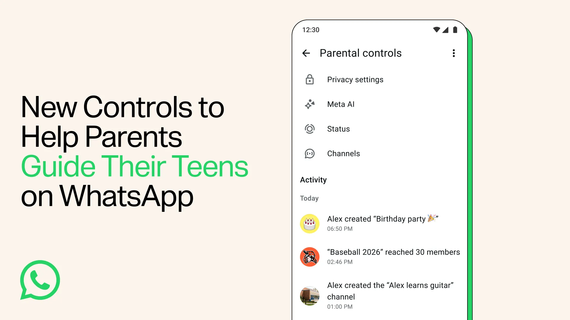 The image shows the new parental controls for teens on WhatsApp