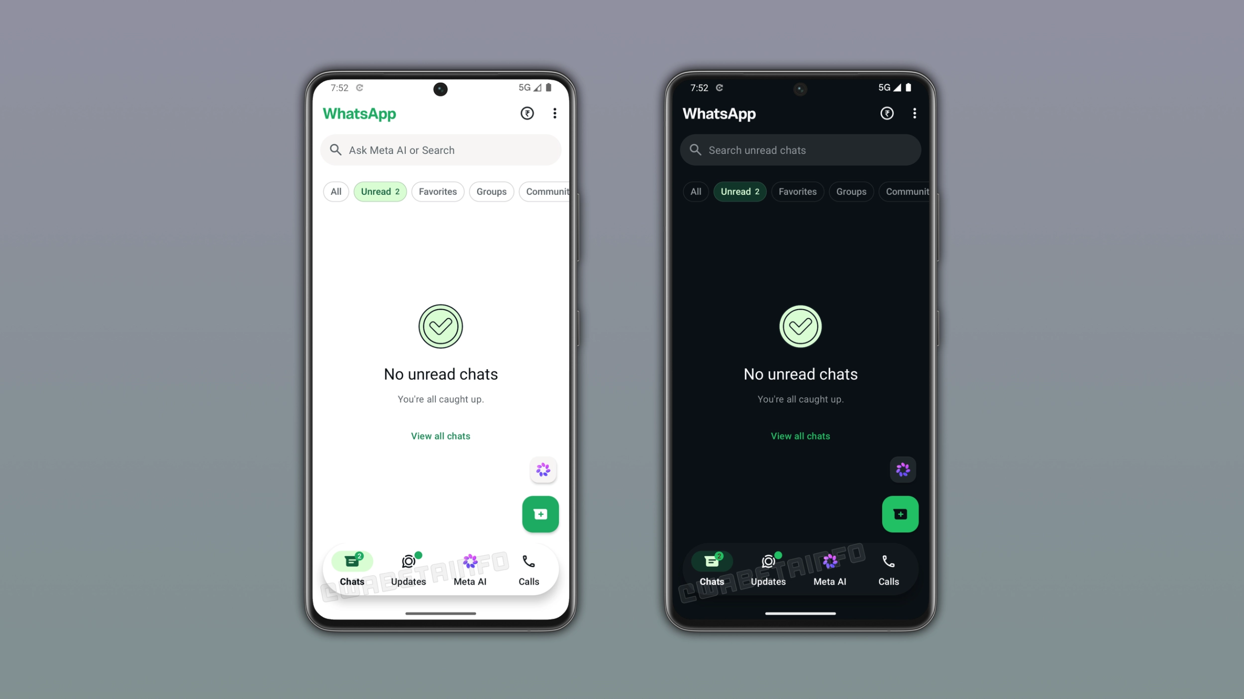 The image shows a redesigned bottom navigation bar on WhatsApp beta for Android