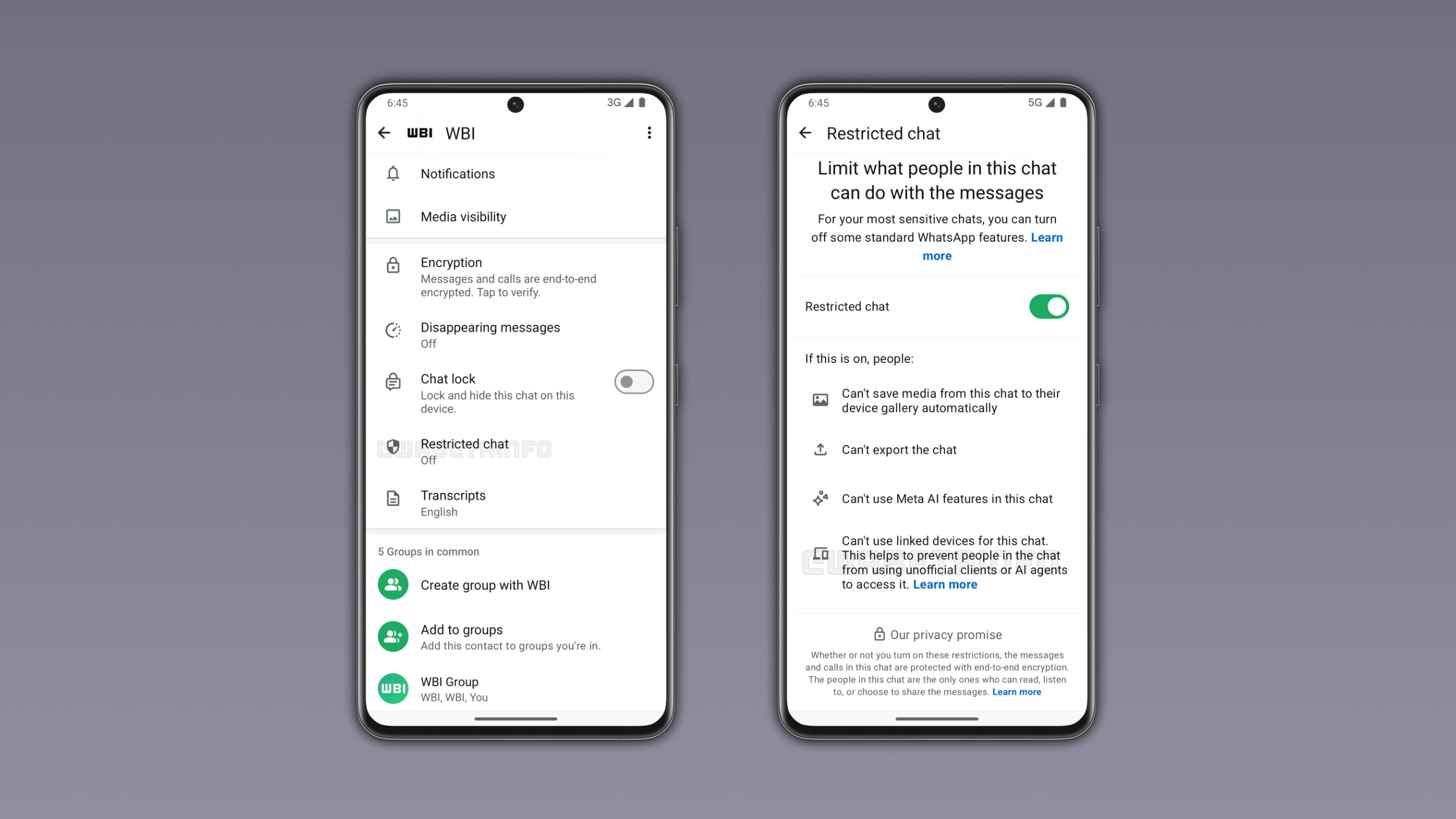 The image shows the Restricted Chat feature on WhatsApp beta for Android