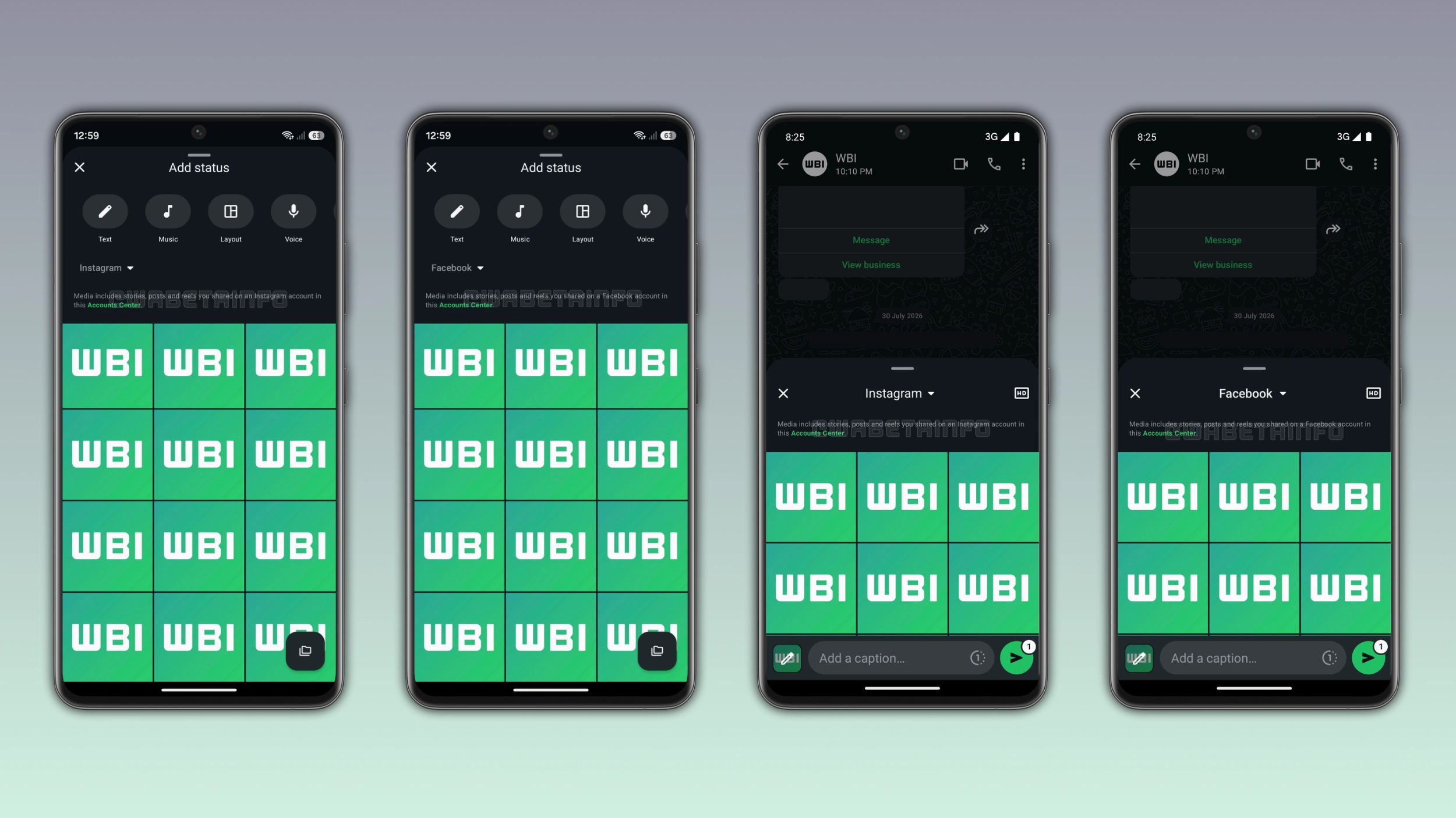 The image shows access to Instagram and Facebook media on WhatsApp for Android