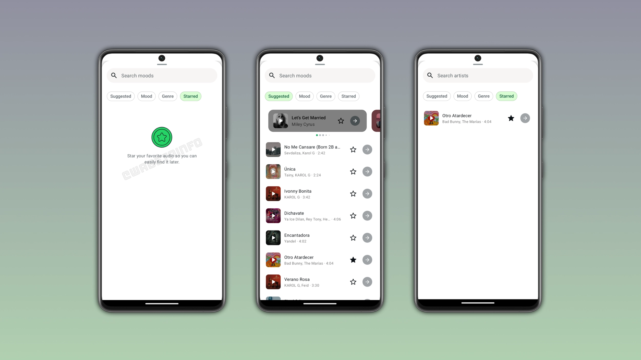 The image shows the starred music feature for status updates on WhatsApp for Android