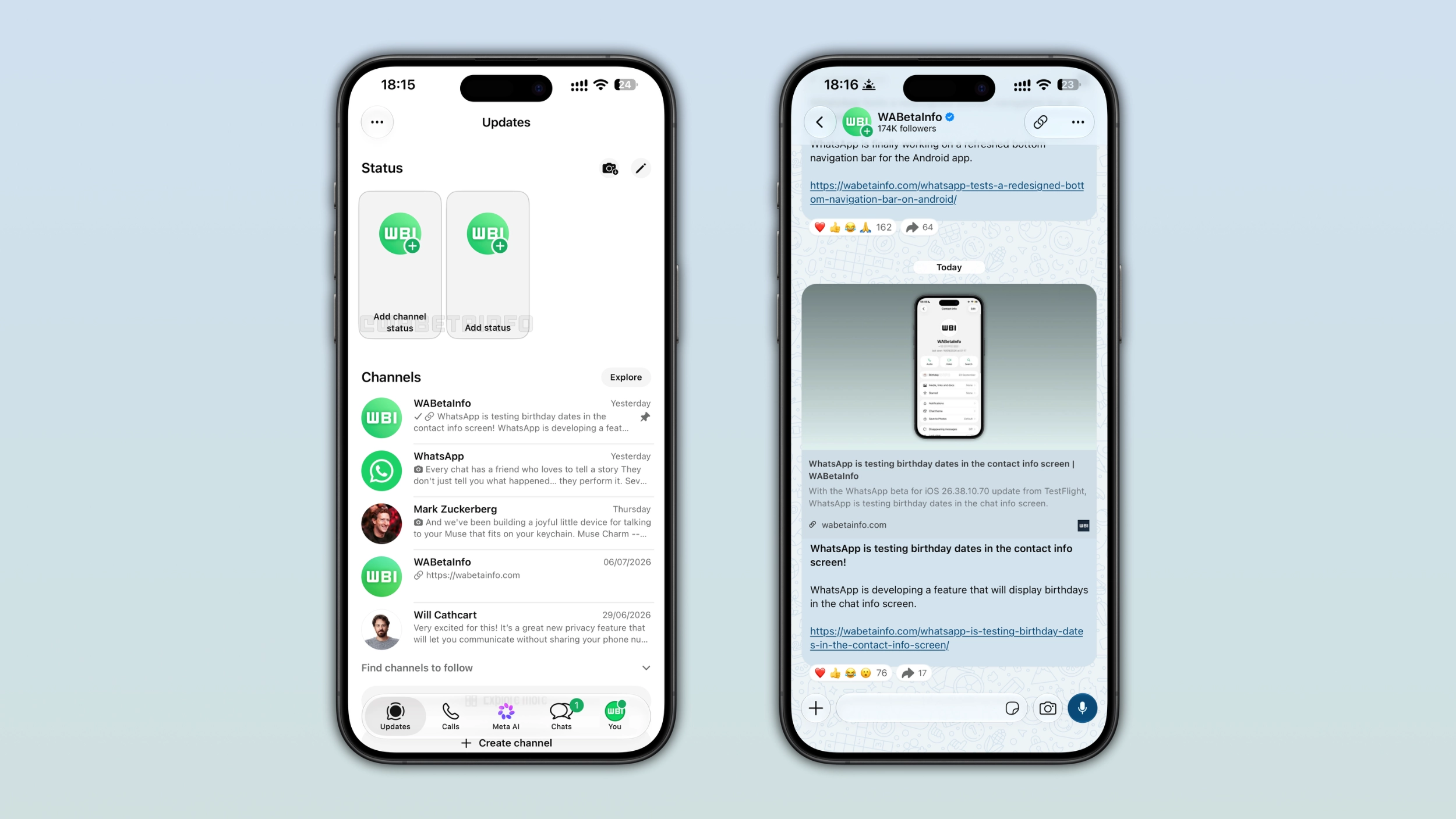 The image shows Channel Status on WhatsApp for iOS and Android