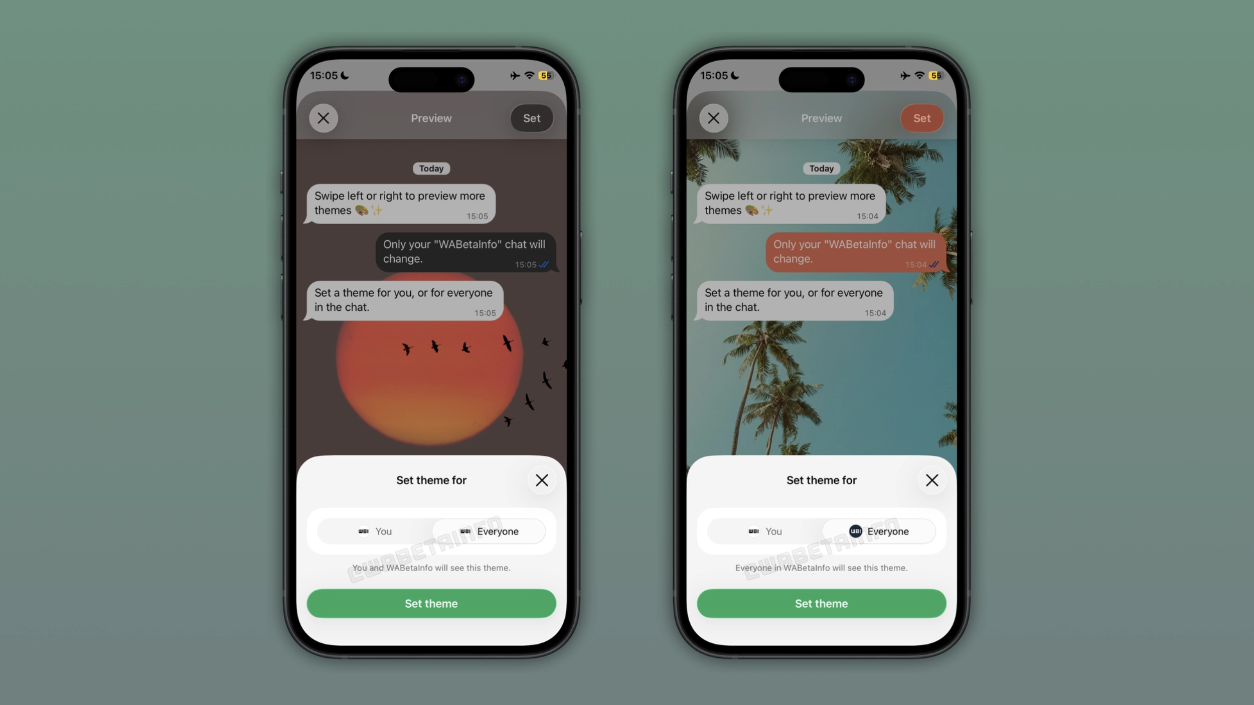 The image shows a feature to share chat themes on WhatsApp beta for iOS