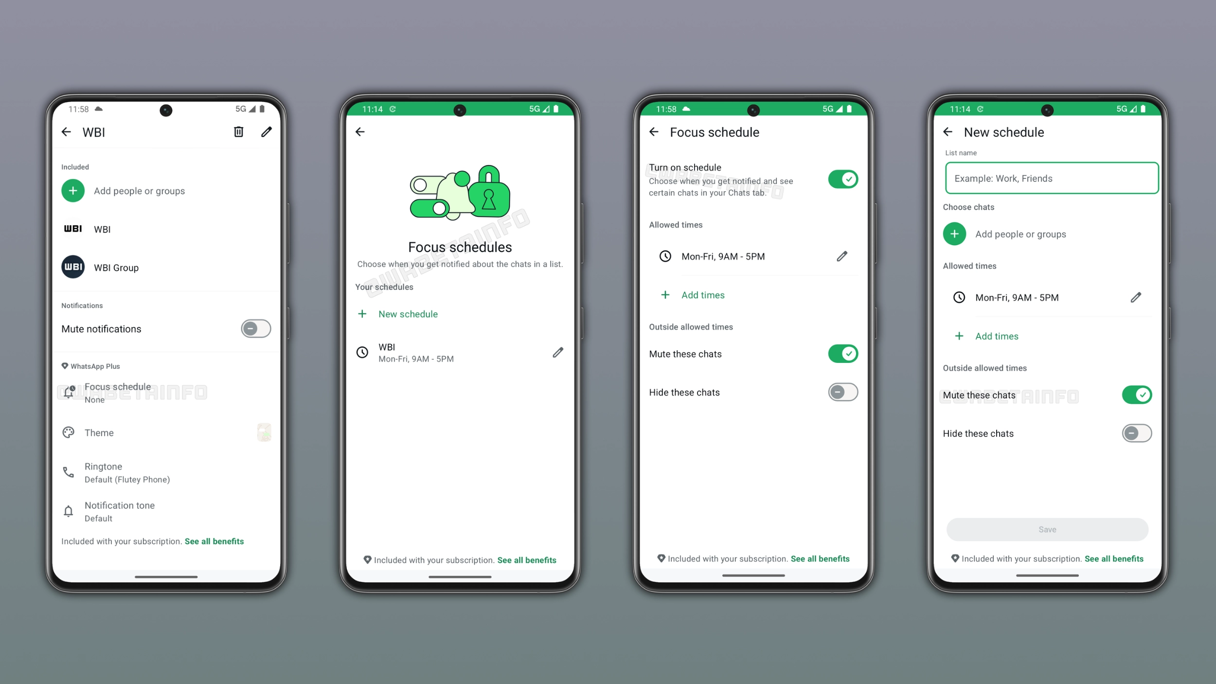 The image shows the Focus schedules feature for WhatsApp Plus on Android