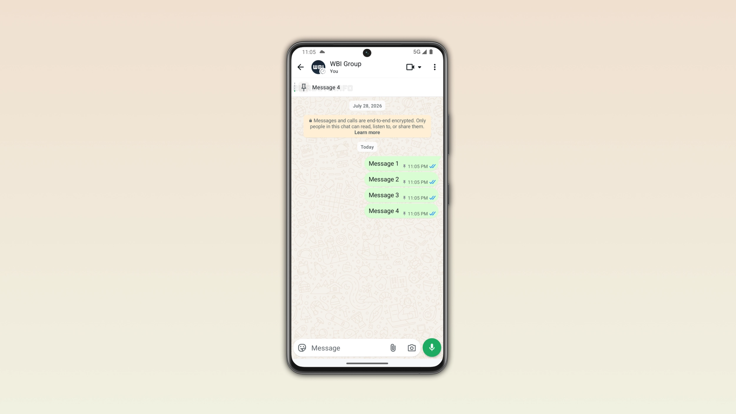 The image shows support for four pinned messages on WhatsApp for Android
