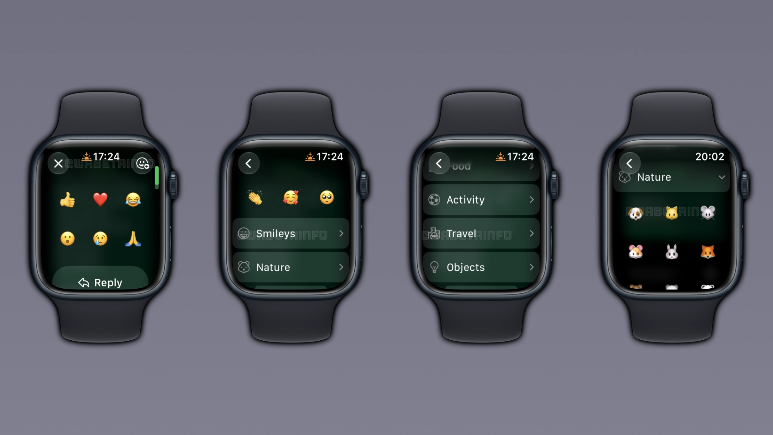 The image shows expanded emoji reactions on WhatsApp for Apple Watch
