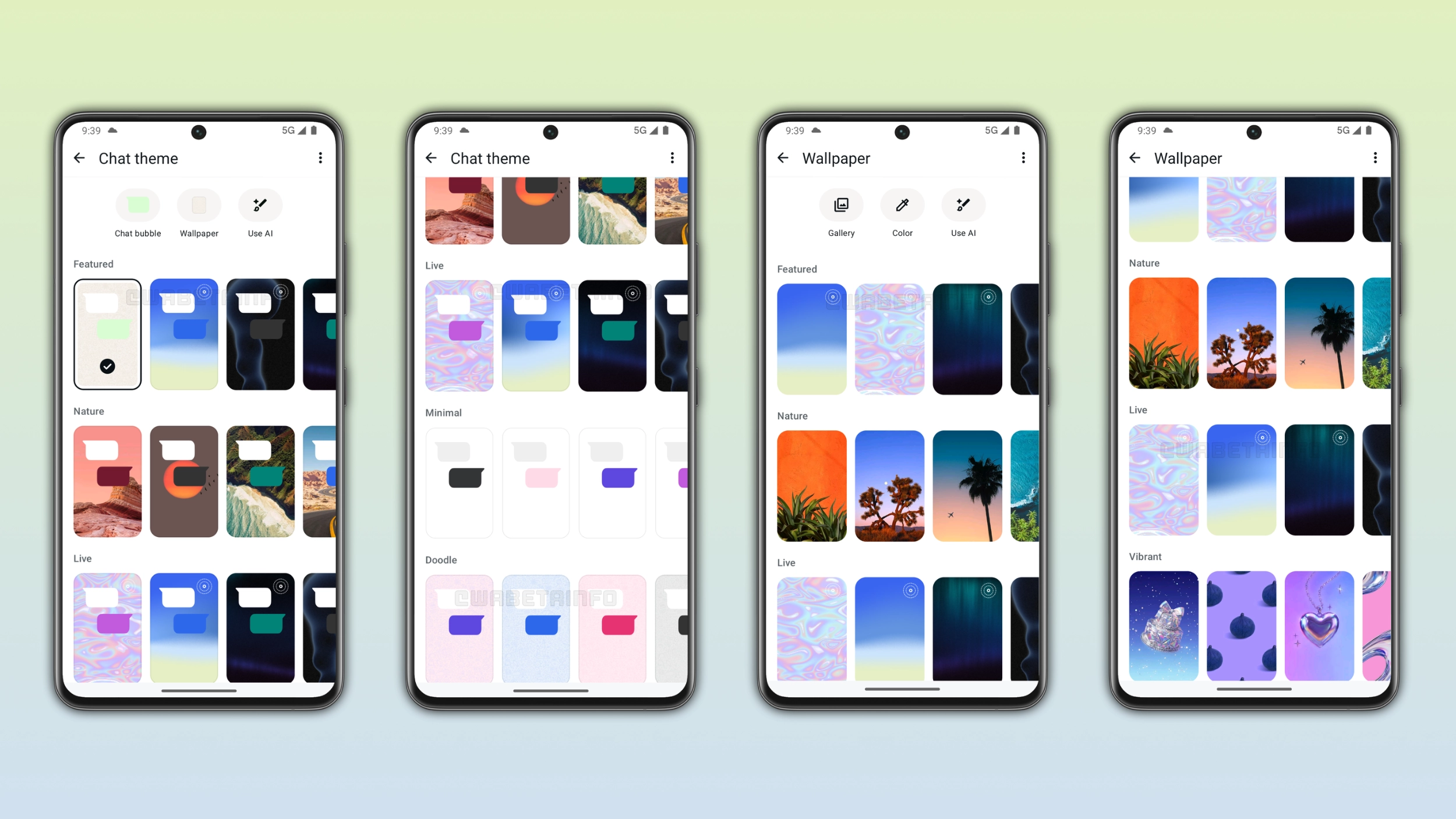 The image shows the new chat theme categories on WhatsApp for Android