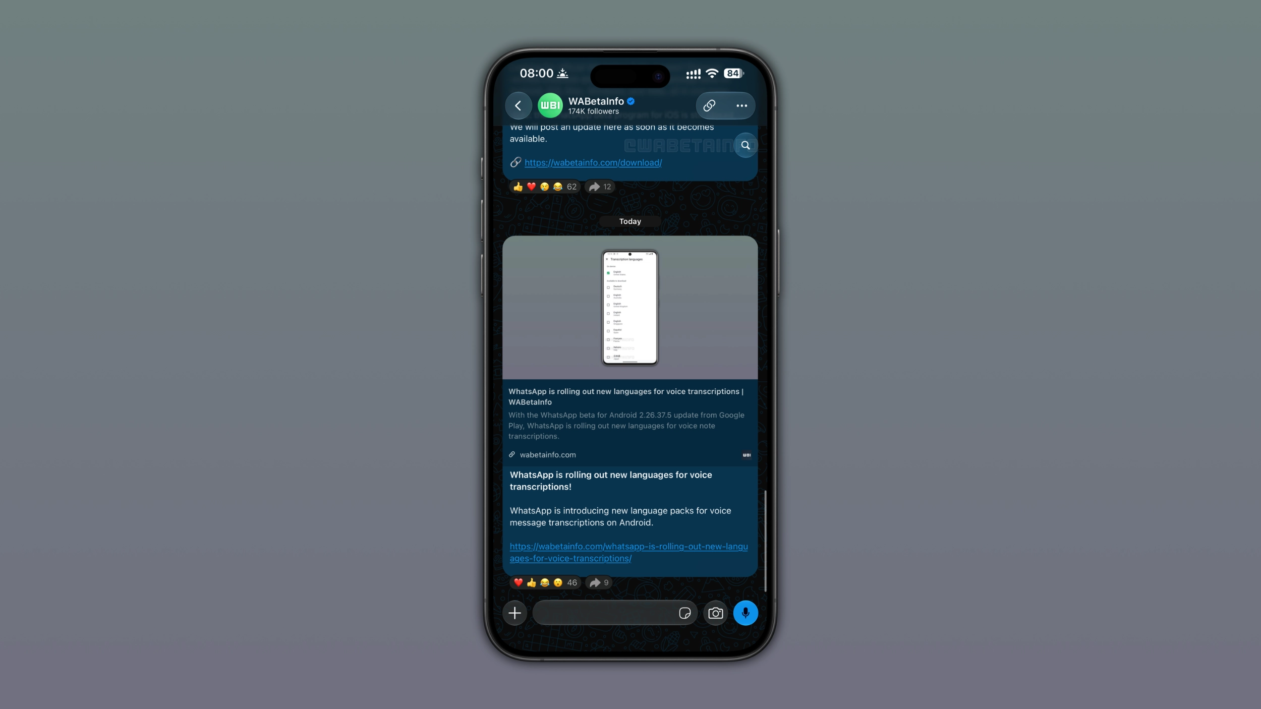 The image shows the new search shortcut for chats and channels on WhatsApp for iOS