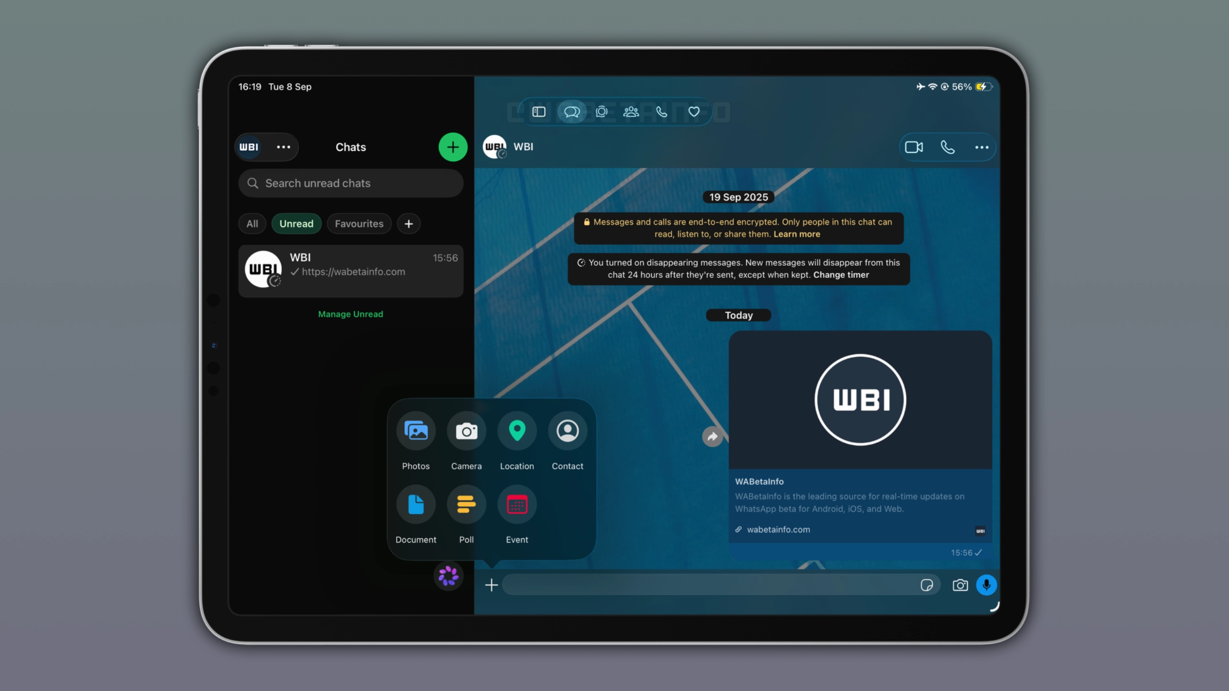 The image shows the redesigned navigation experience on WhatsApp for iPad