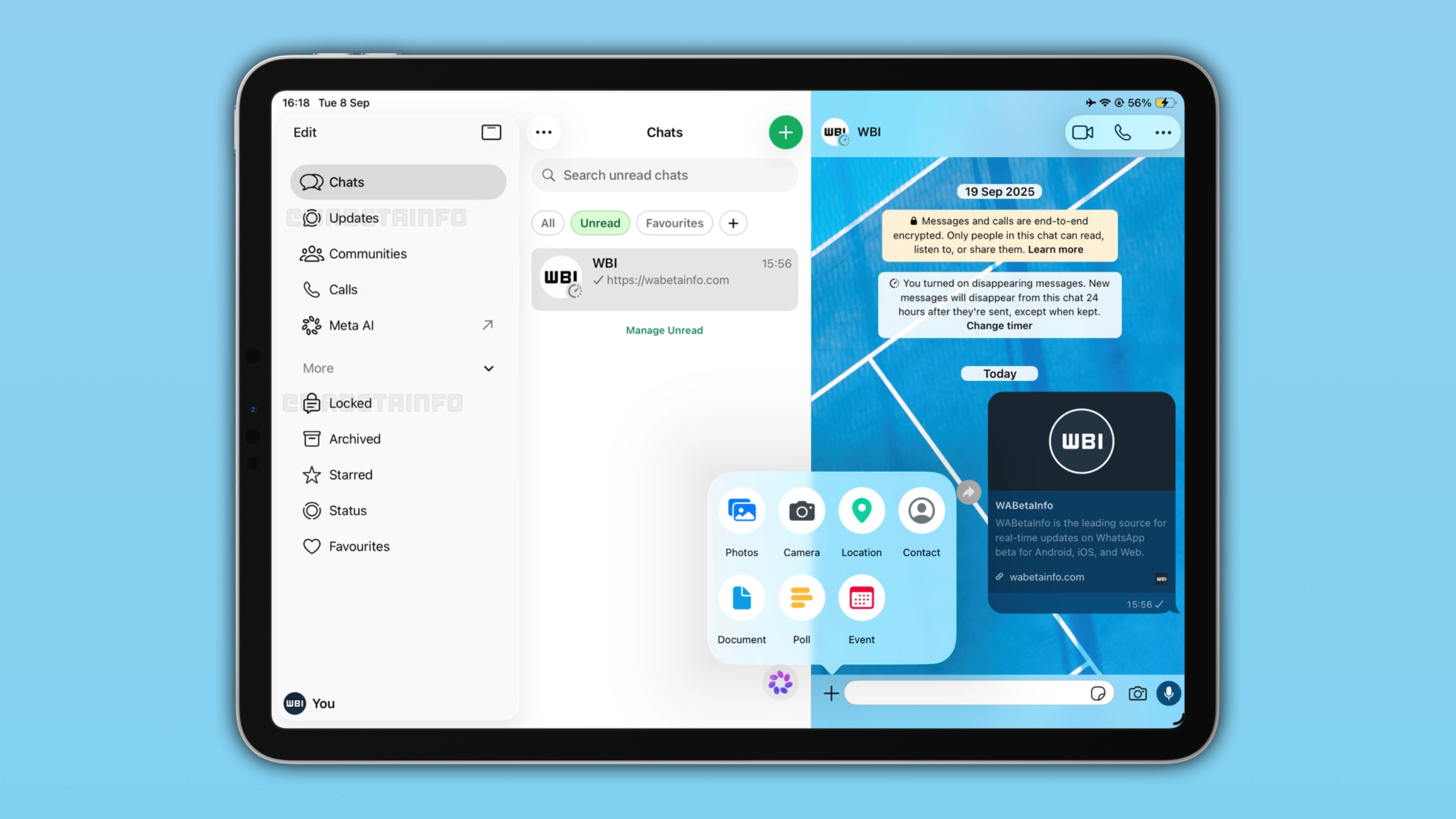 The image shows the new sidebar design for WhatsApp on iPad