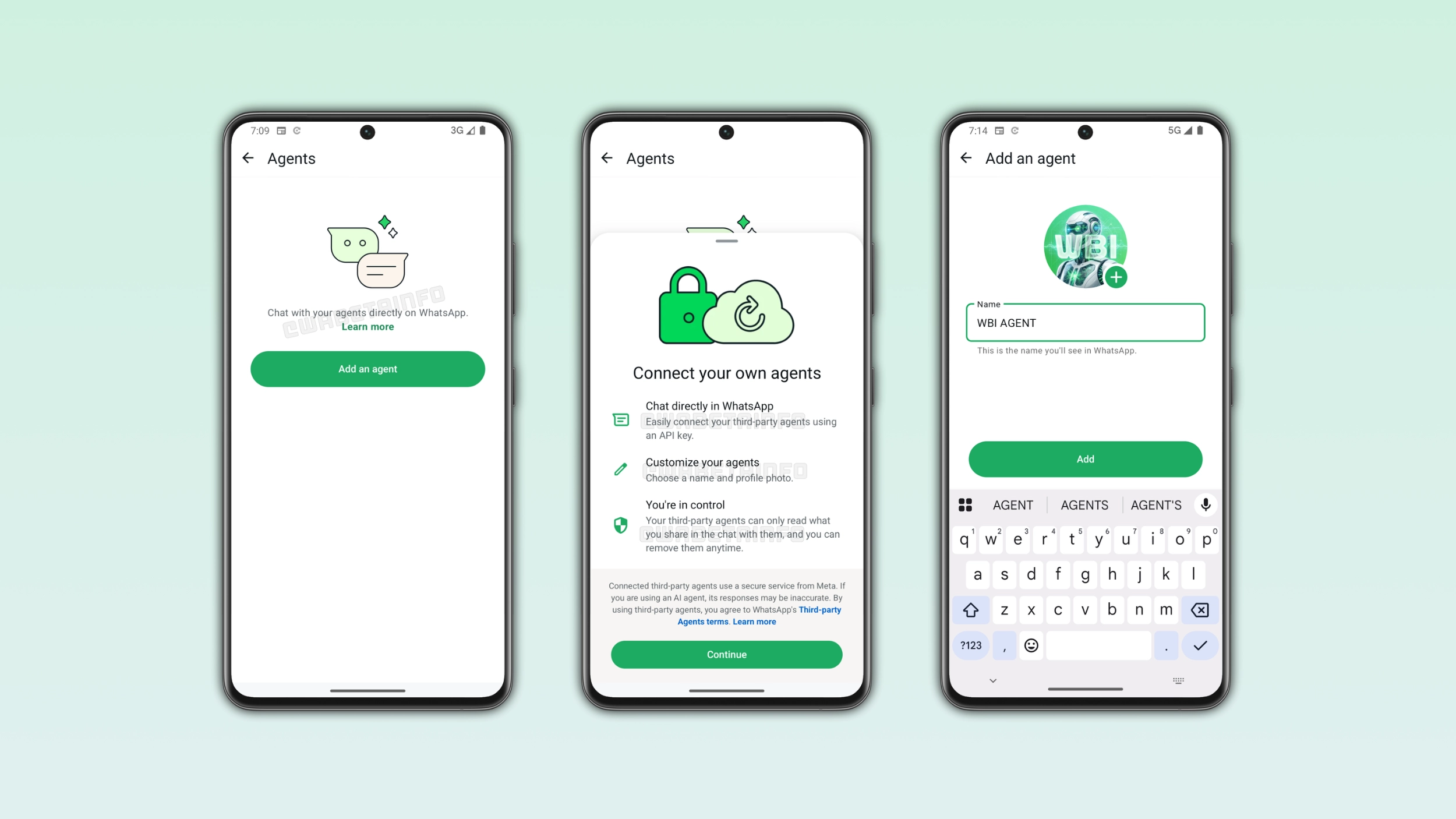 The image shows the third-party AI agents feature on WhatsApp for Android