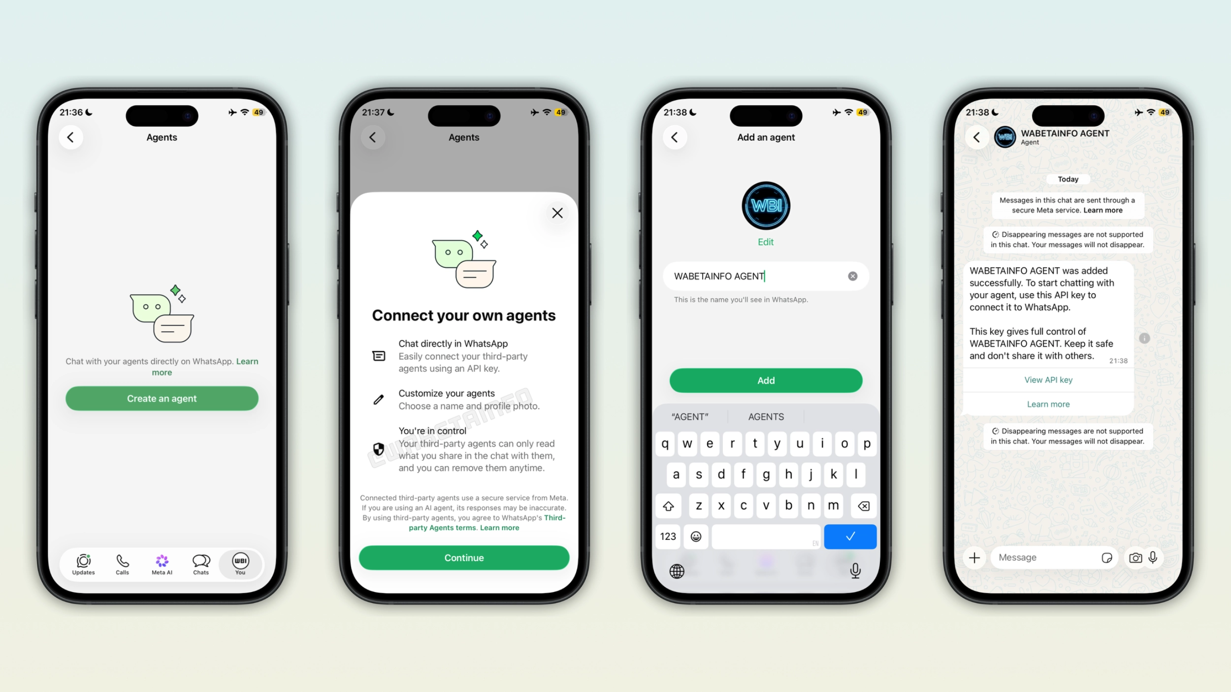 The image shows chats with third-party agents on WhatsApp for iOS