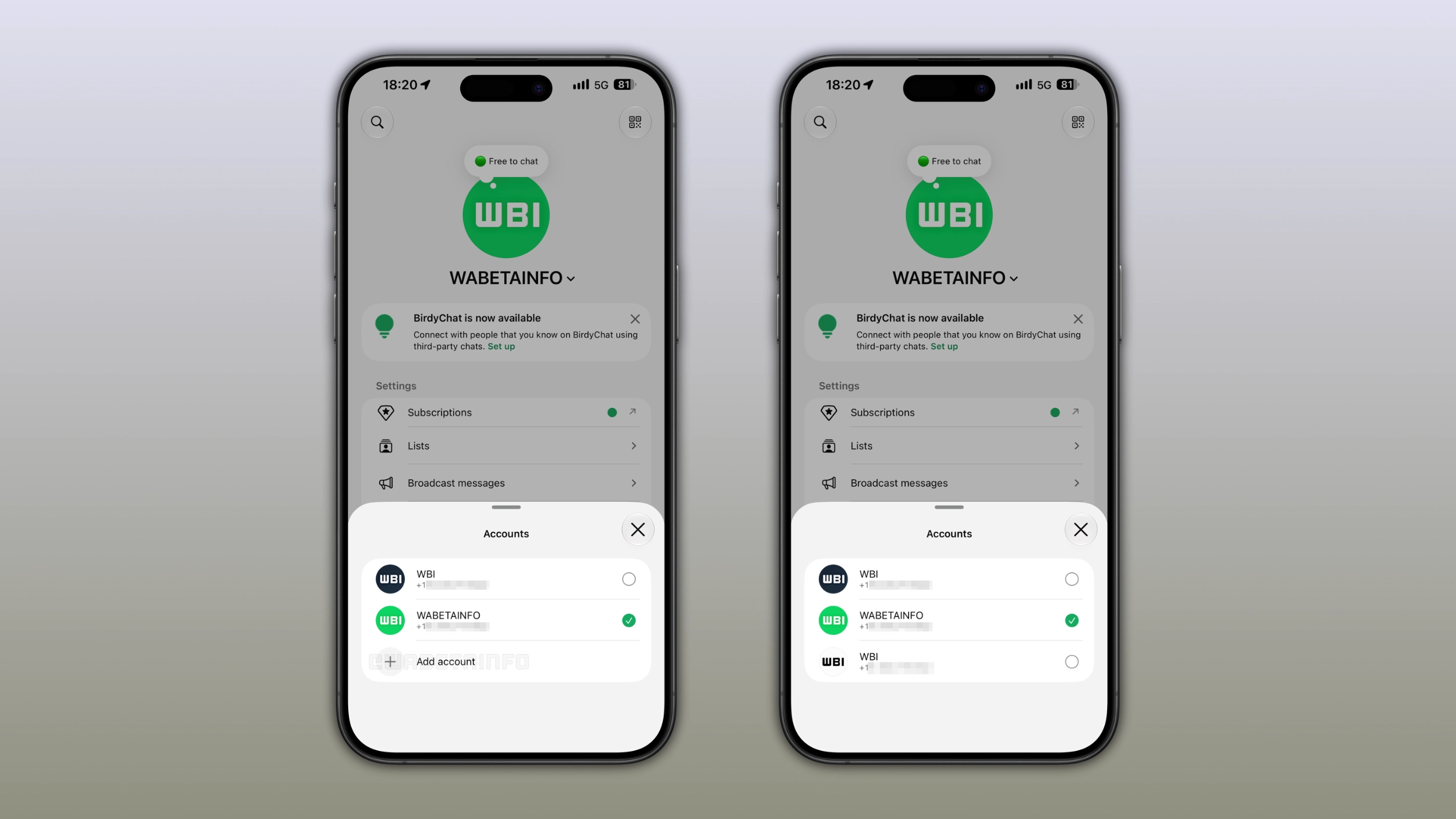The image shows support for three accounts for the multi-account feature on WhatsApp for iOS