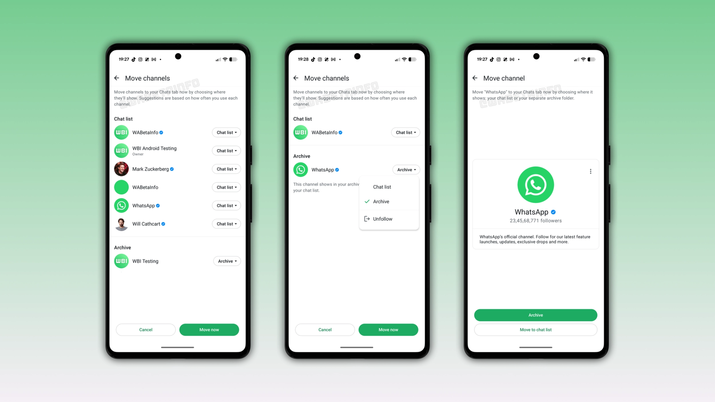 The image shows the refined channel migration tool on WhatsApp for Android