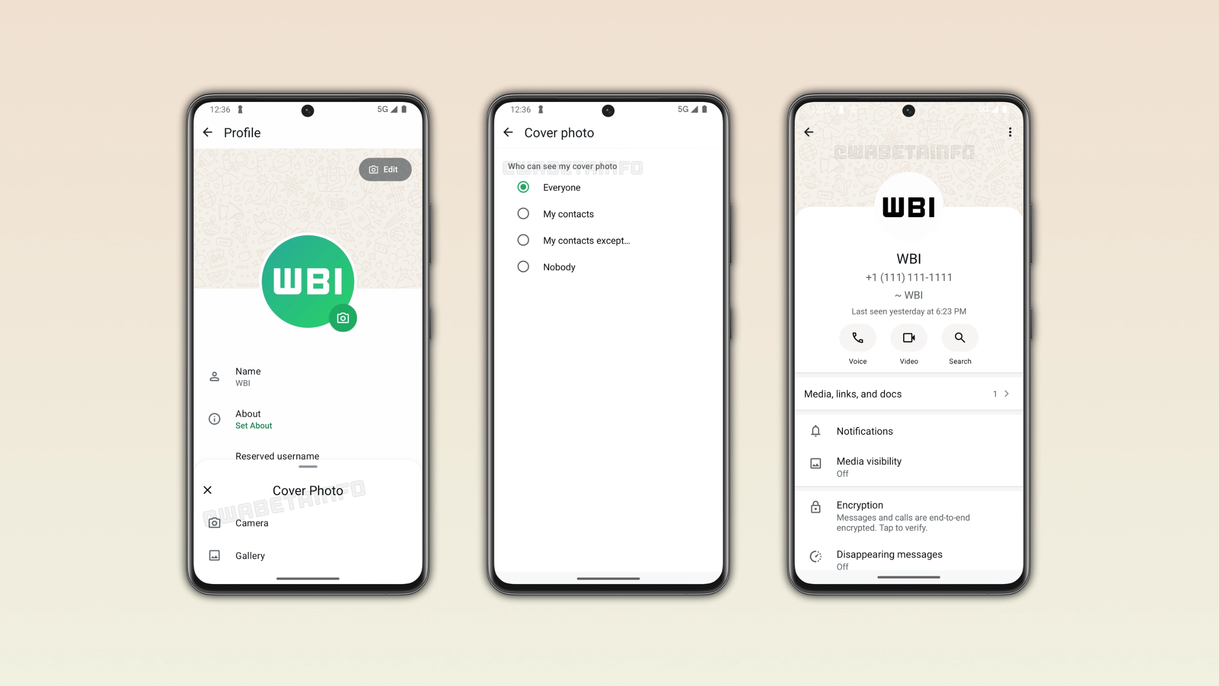 The image shows the profile cover photo feature on WhatsApp for Android