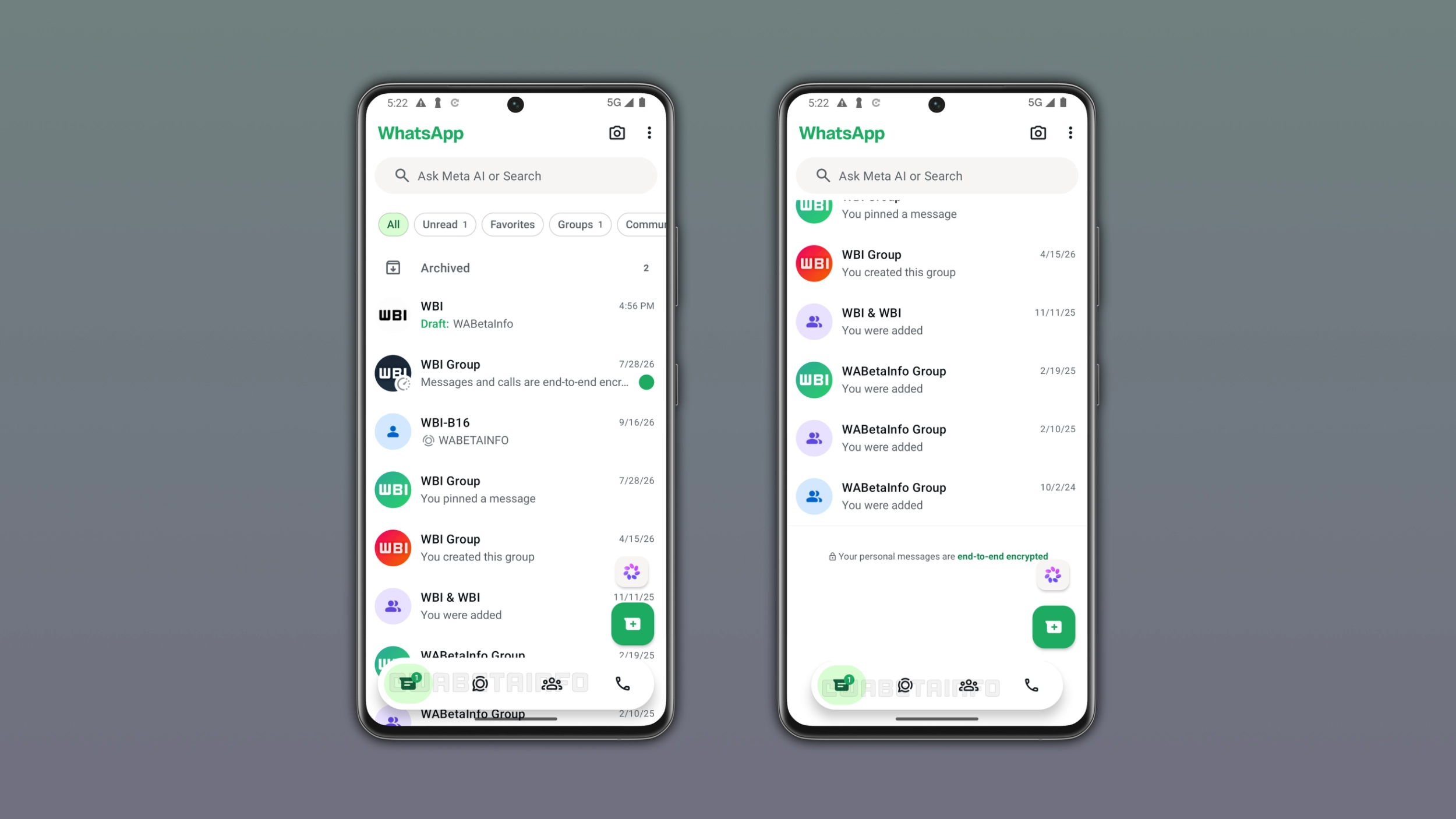 The image shows the dynamic bottom navigation bar on WhatsApp for Android