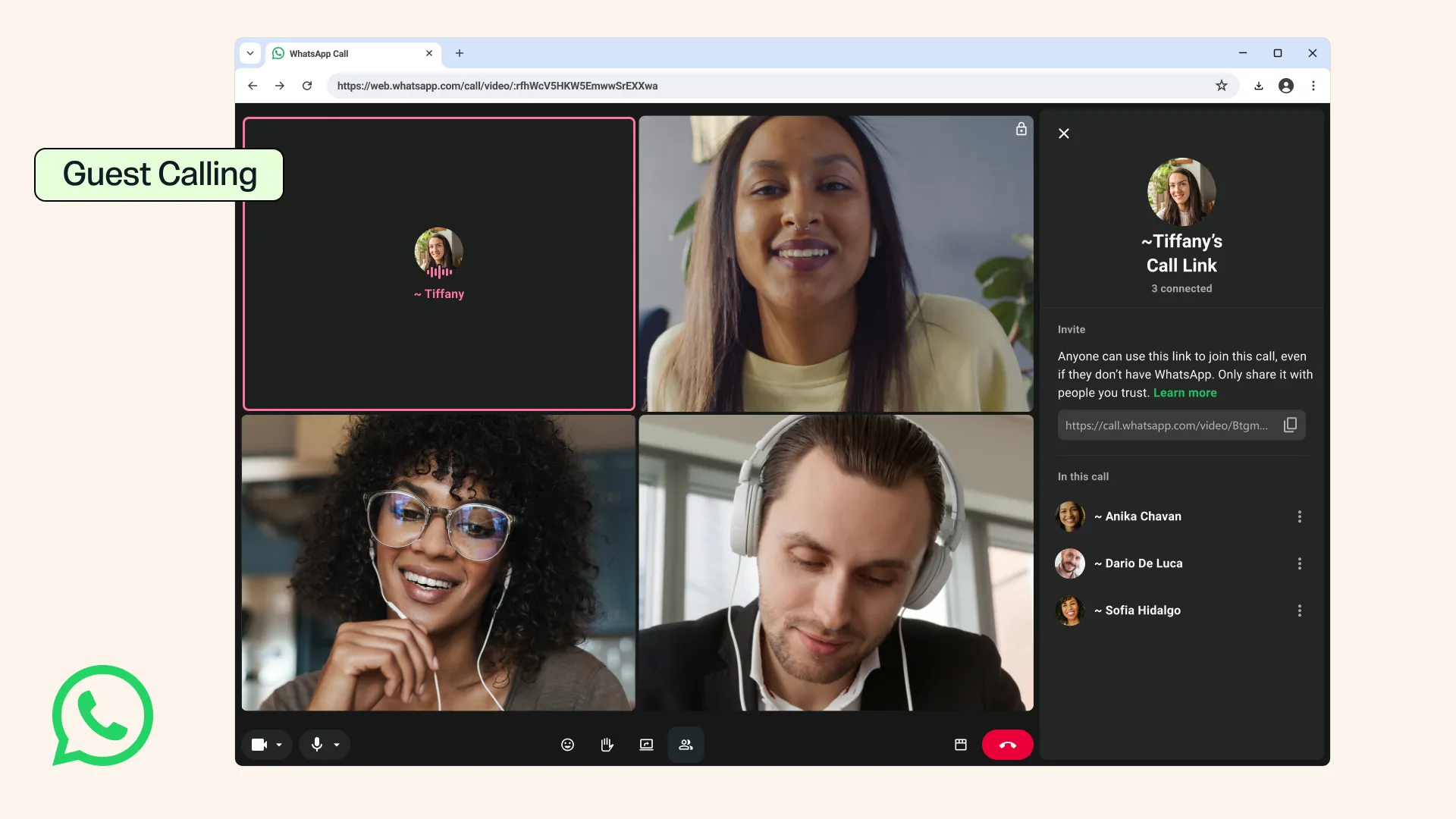 The image shows the guest calls feature on WhatsApp