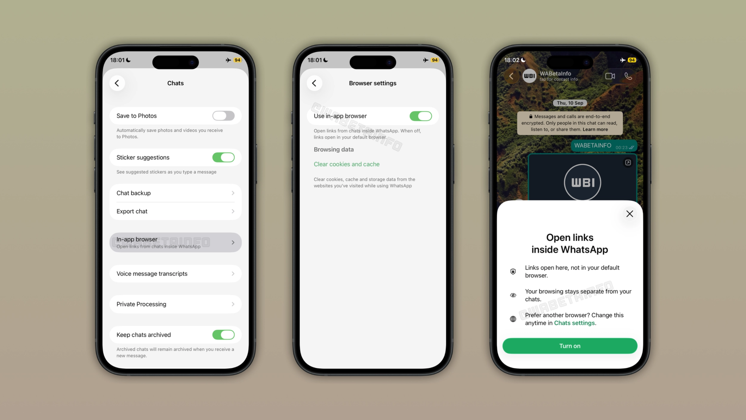 The image shows the in-app browser feature on WhatsApp for iOS